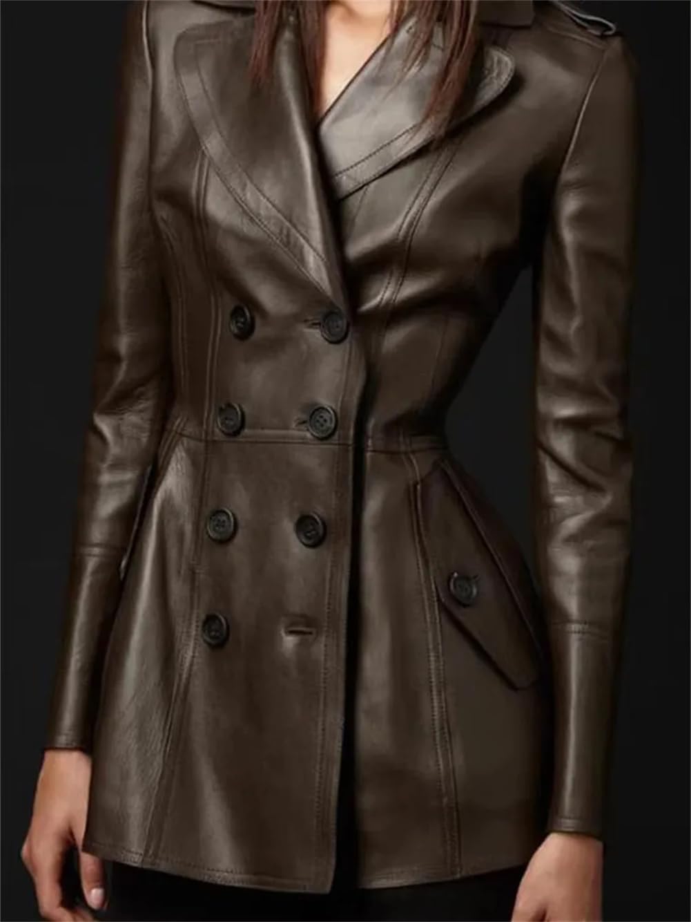 Chaqueta de piel sintética suave ajustada para mujer, chaqueta con falda de doble botonadura
