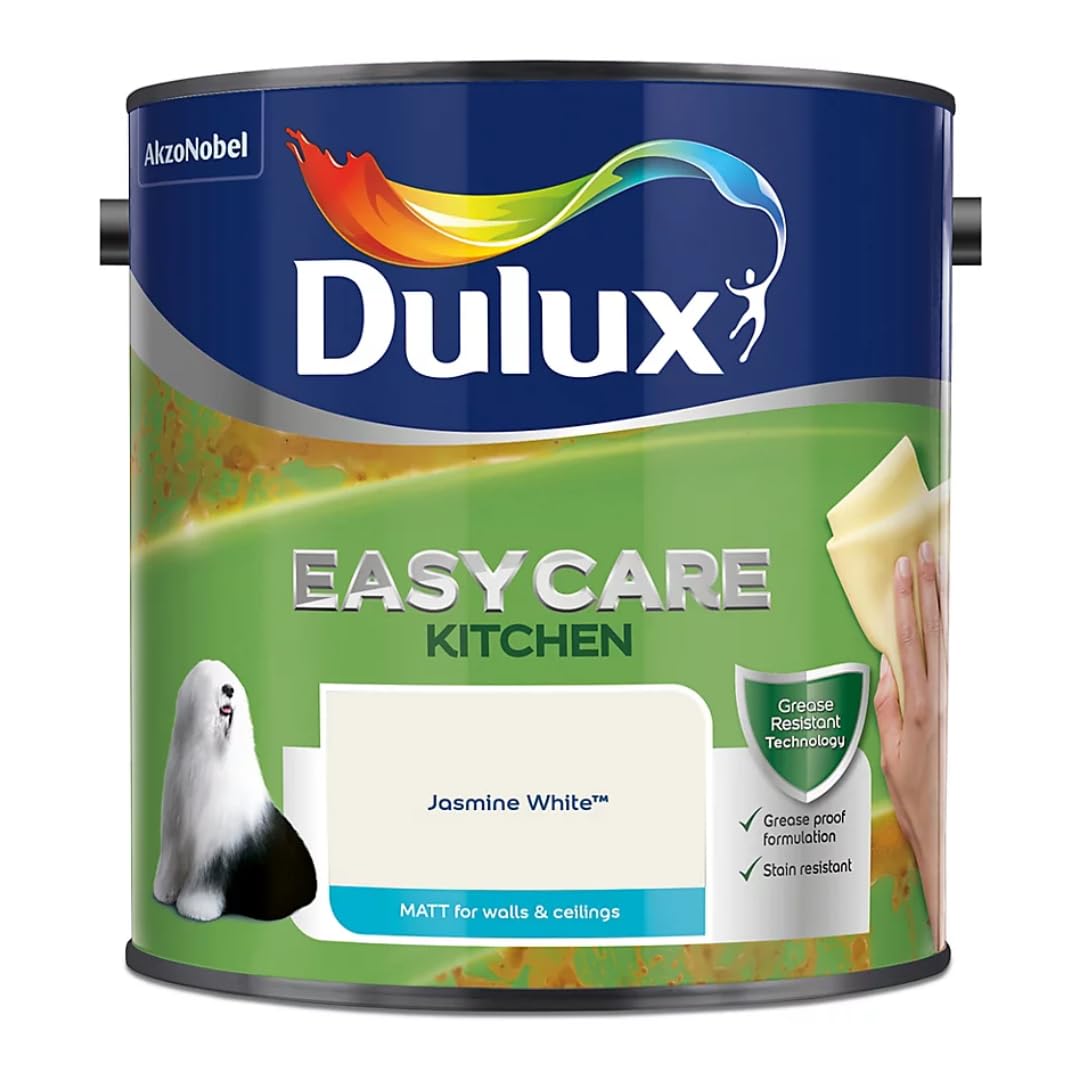 Jasmine White Dulux Easycare Kitchen Matt Emulsion Paint 2.5L – Grease & Stain Resistant, Washable Matt Finish, Durable Interior Paint for Kitchen Walls & Ceilings