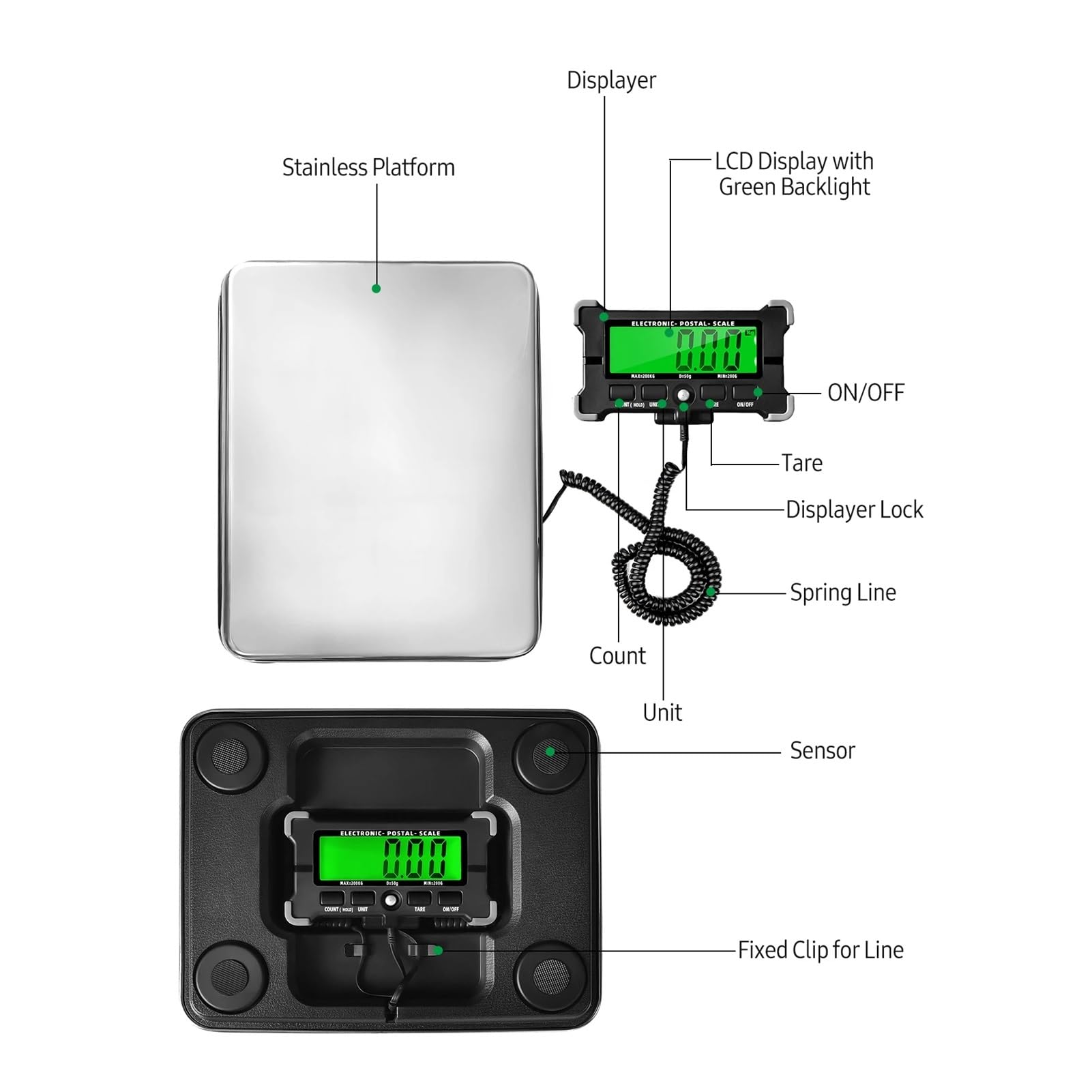 Bilancia Cucina Digitale, Bilancia postale elettronica da 440 libbre Bilancia di precisione integrata in acciaio inossidabile da 0,05 kg Bilance for spedizione con spegnimento automatico/mantenimento