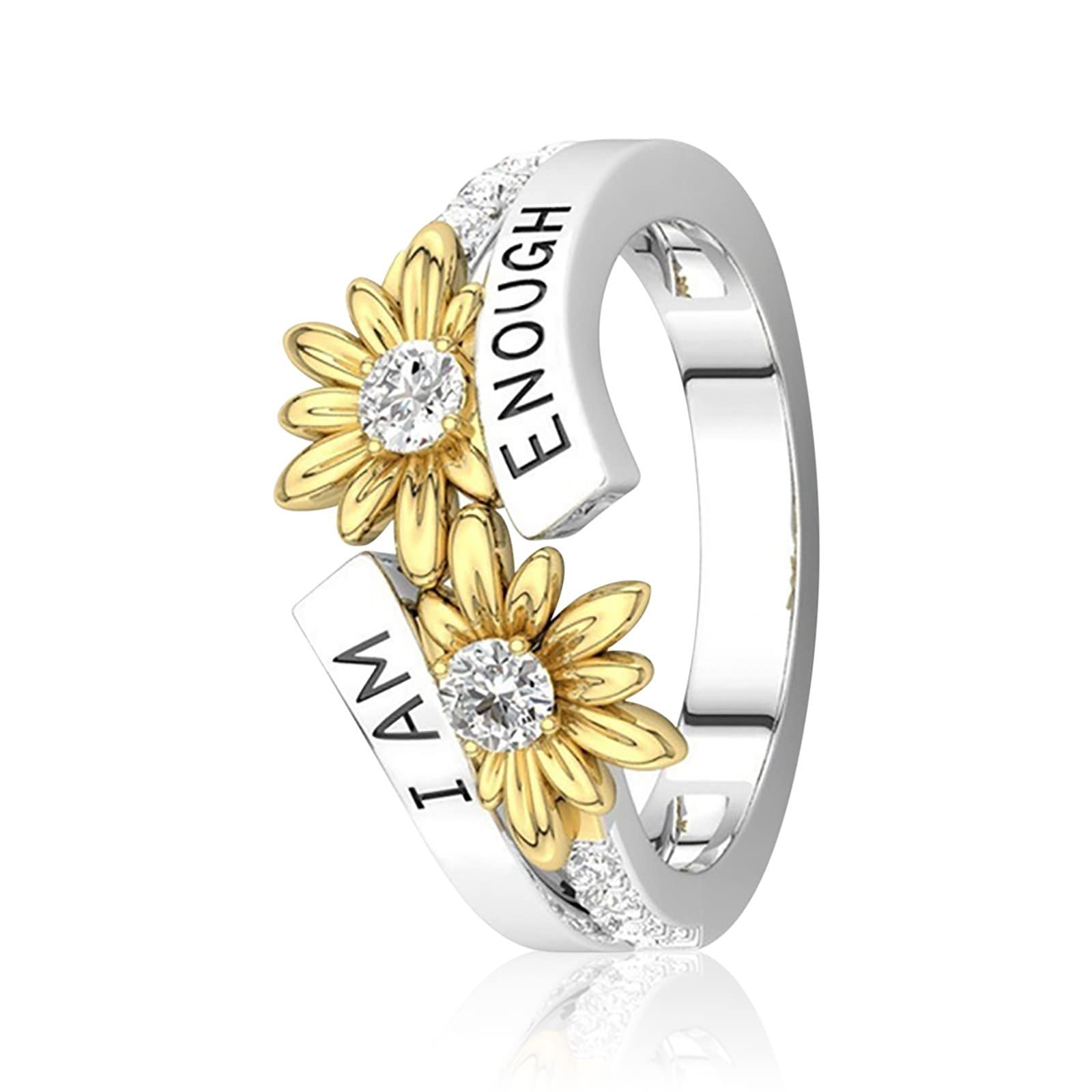 Qnihdriz Silver Sunflower Open Ring Engraved I Am Enough Stress