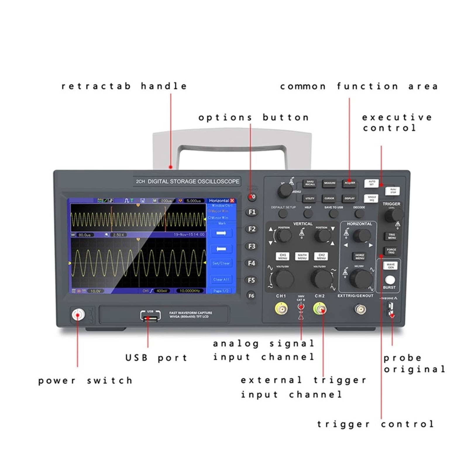 Osciloscopio Digital 2D15 2C10 2D10 2C15 osciloscopio Digital 2 Canales 100Mhz/150Mhz Almacenamiento USB multímetro portátil probador(C15)