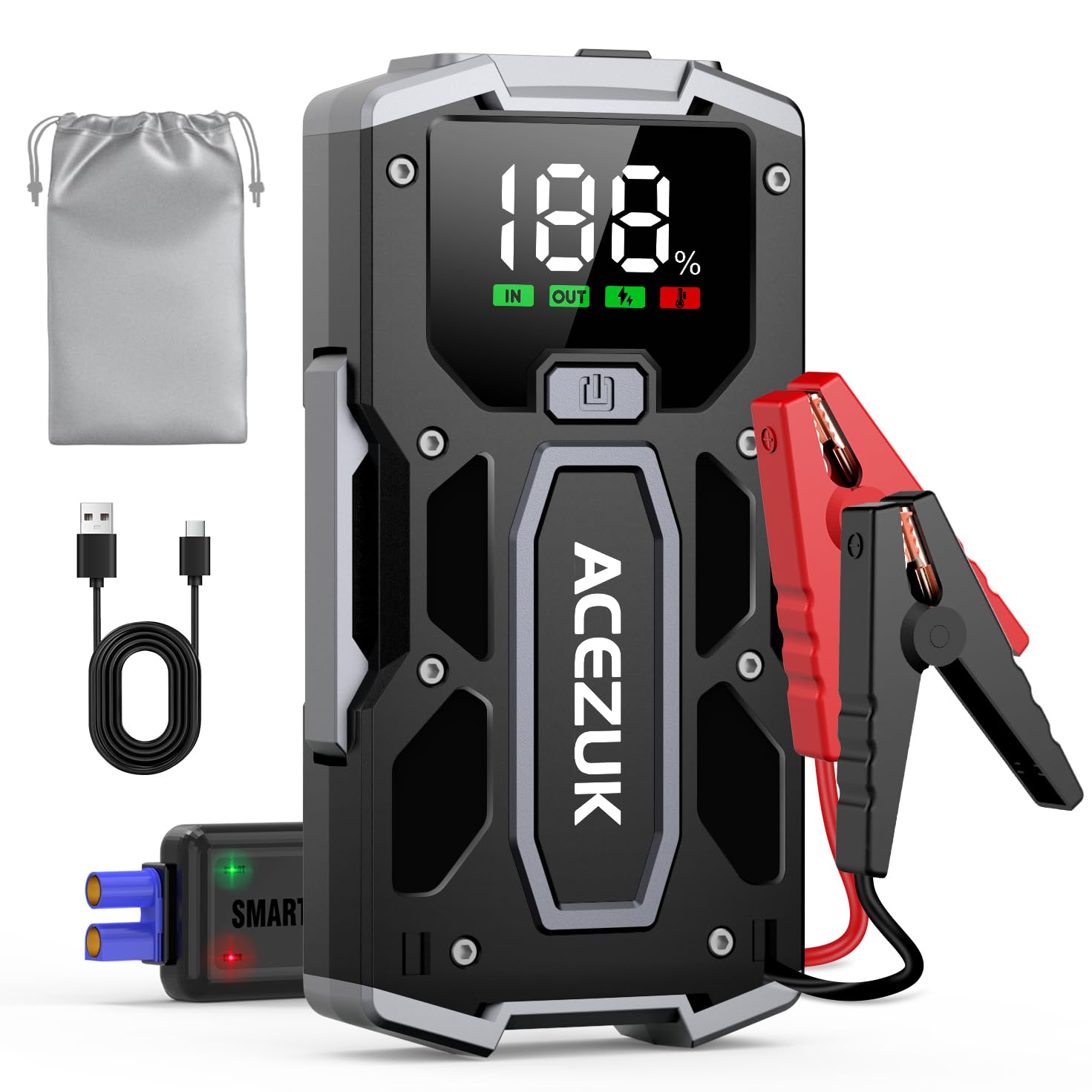 ACEZUK Arrancador de Coches 4000A, 12V Arrancador de Baterias de Coches (para 5.5L Disésel o 7.0L Gas), Jump Starter con 2.5 Inch Pantalla LCD, Clips de Seguridad Inteligentes, Luz LED
