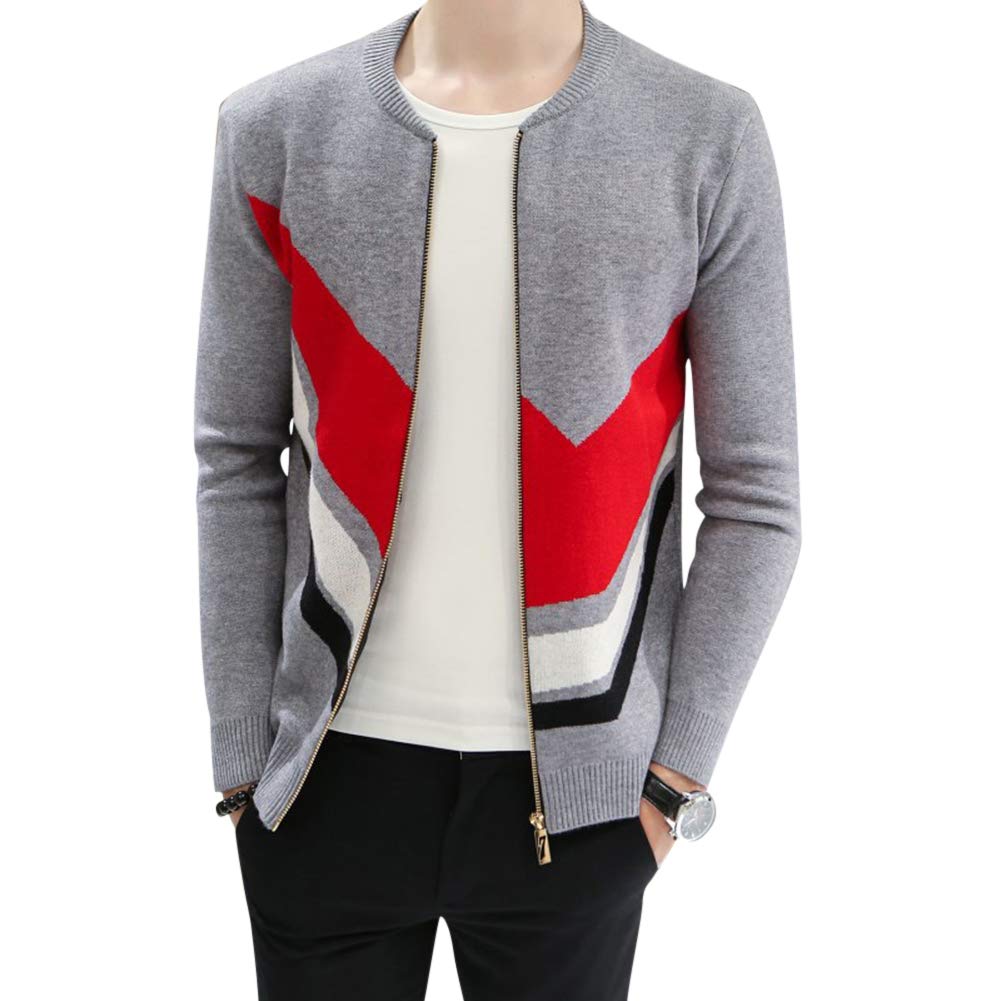 Anyua Men's Light Grey Cardigan Knitted Sweater Contrast Color Slim Fit Zipped L