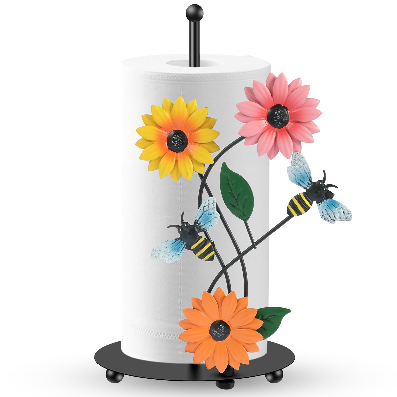 Patnfr Bee Sunflower Paper Towel Holder, Kitchen Roll Holder Free Standing Black Iron Roll Paper Towel Stand Nonslip Bottom For Kitchen Countertop Garden Yard (Bee)