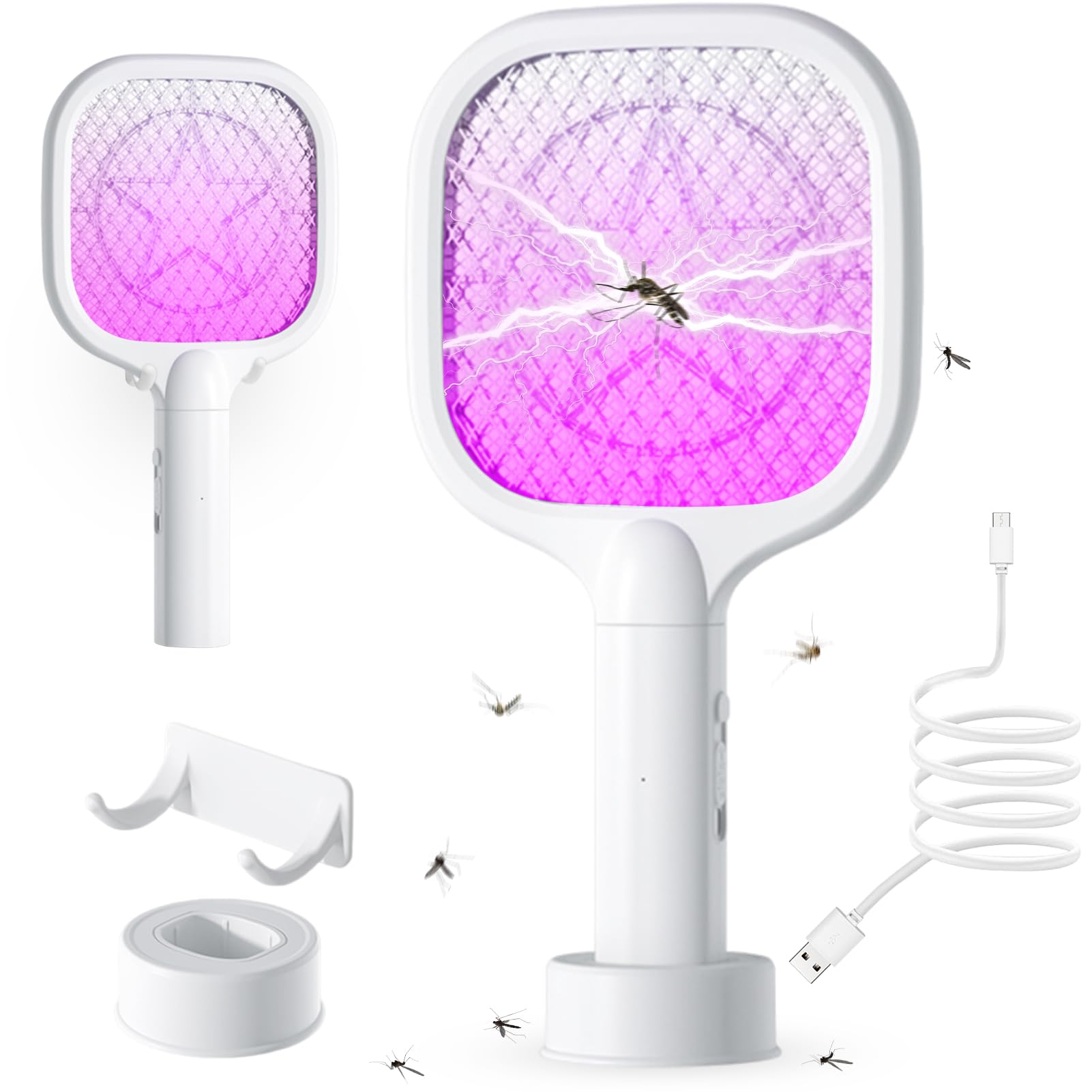 Electric Fly Swatter, 3000 V 3-in-1 USB Rechargeable Mosquito Swatter with UV Light Trap, Electric Fly Swatter for Indoor and Outdoor Use, Mosquito