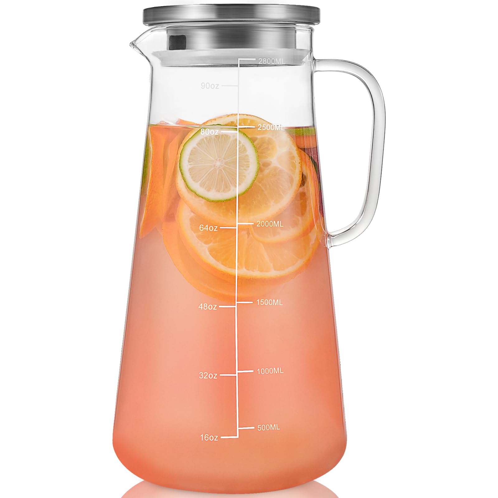 Glass Pitcher with Lid, 105OZ Glass Water Pitcher with Precise Scale Line, HOIDGUB Stainless Steel Iced Tea Pitcher, Easy Clean Heat Resistant Borosilicate Glass for Milk, Cold & Hot Beverages