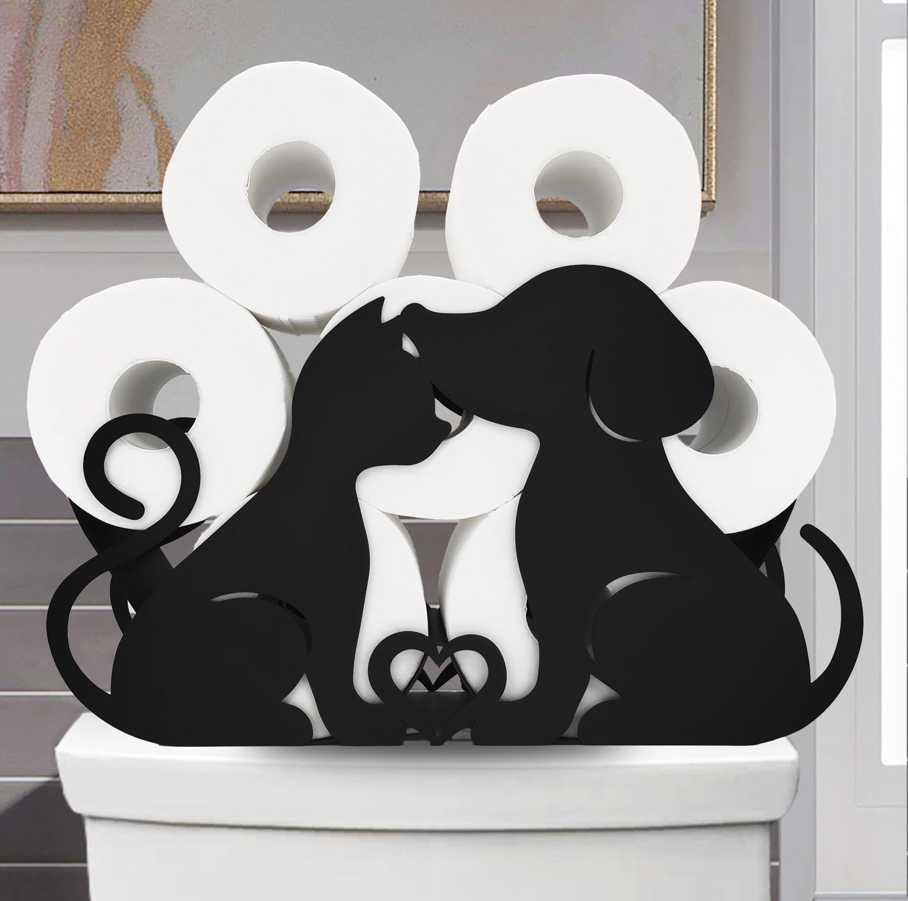 Lover Dog Porte-papier toilette décoratif en métal noir pour salle de bain, peut contenir 8 rouleaux supplémentaires