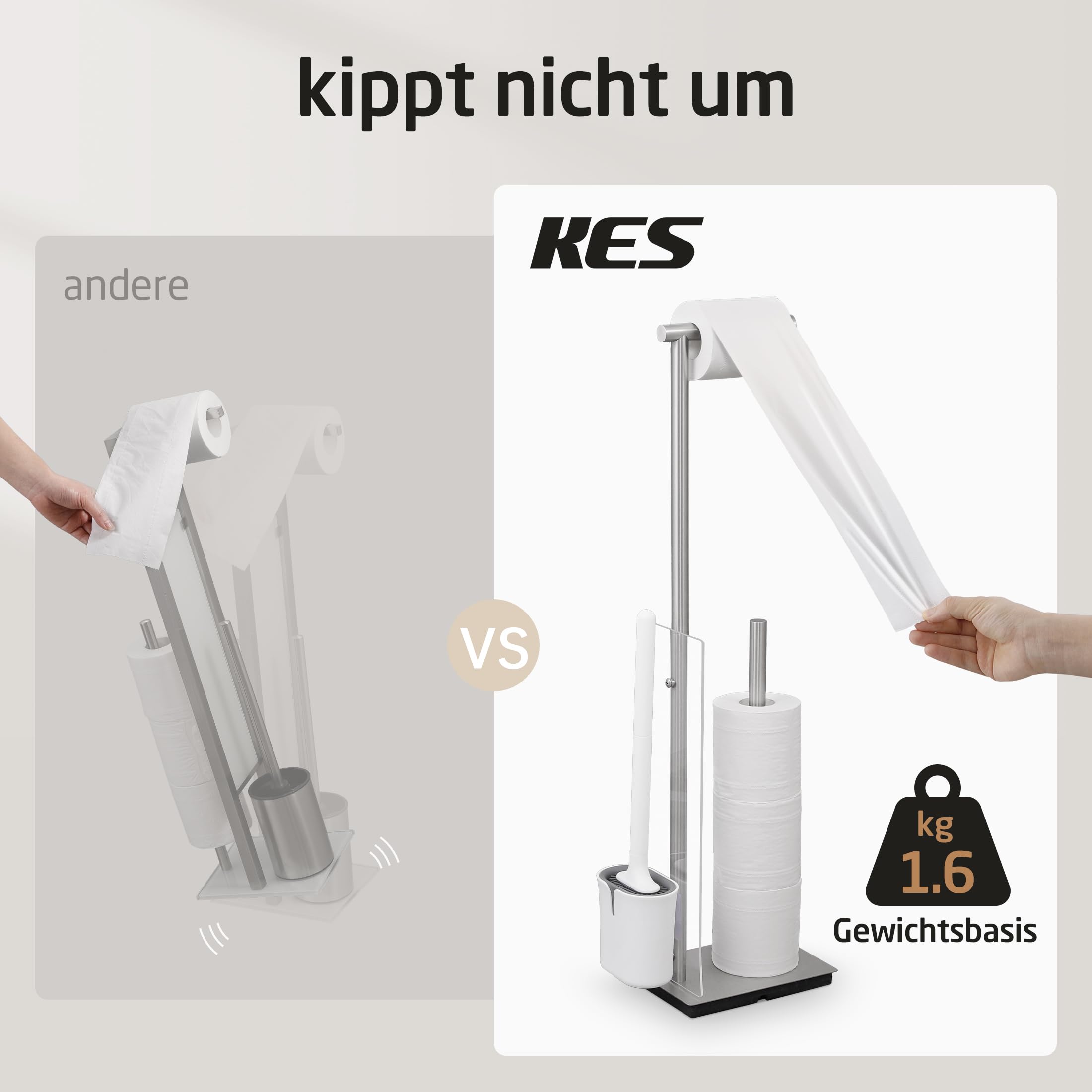 KES Toilettenpapierhalter mit Bürste Abnehmbar Klopapierhalter Stehend Edelstahl SUS304 Klorollenhalter Toilettenpapierständer Gebürstet, BPH232-2