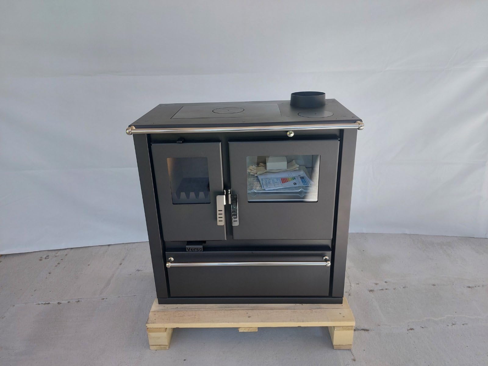 Kuchenka na drewno, piec kuchenny VERSO CS Plus Inox – piec kominkowy z piekarnikiem i płytą kuchenną, BImSchV poziom 2, piec na drewno, wolnostojący, klasa efektywności energetycznej A +, nowoczesna