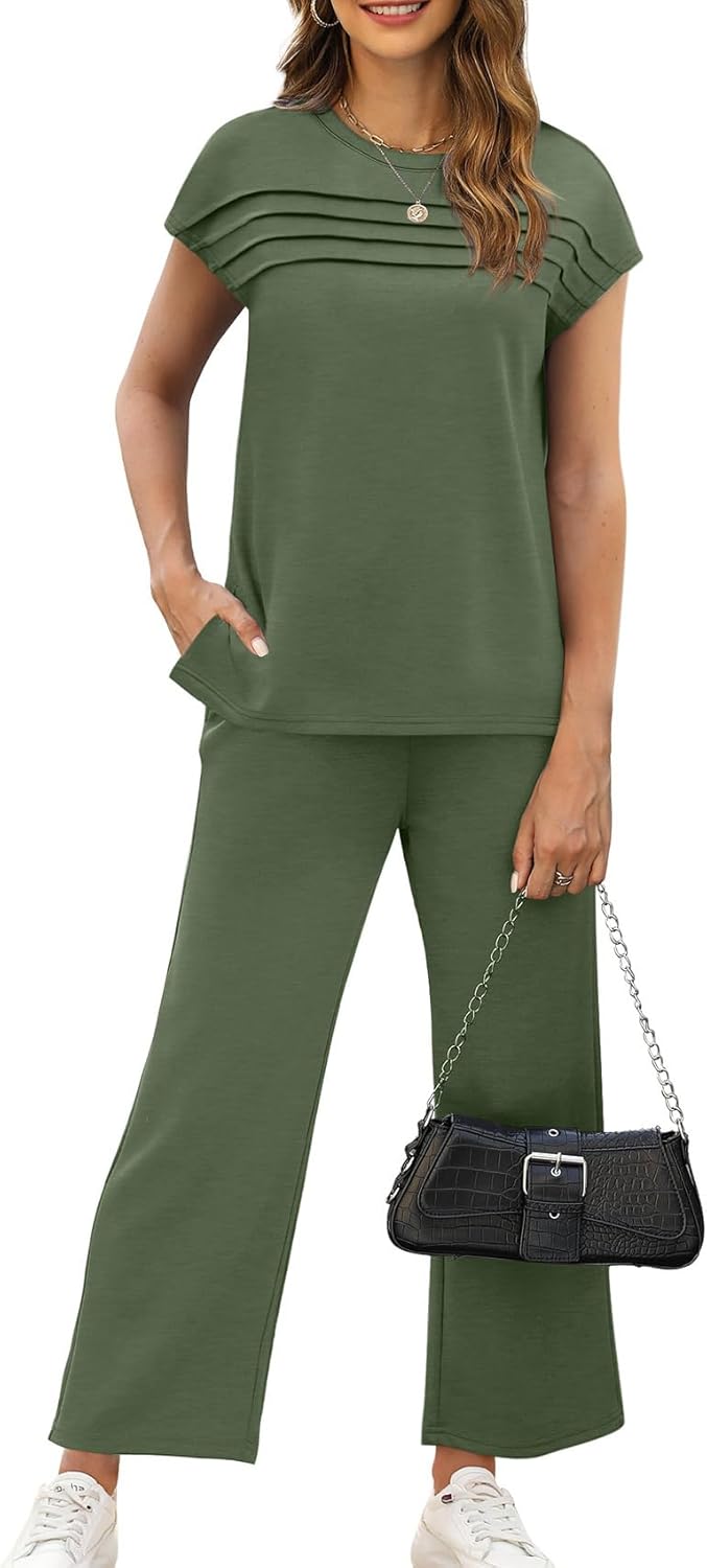 WIHOLL Two Piece Sets for Women Summer Travel Vacation Outfits Cap Sleeve Lounge Matching Sets Wide Leg Pants S-3XL - Image 2