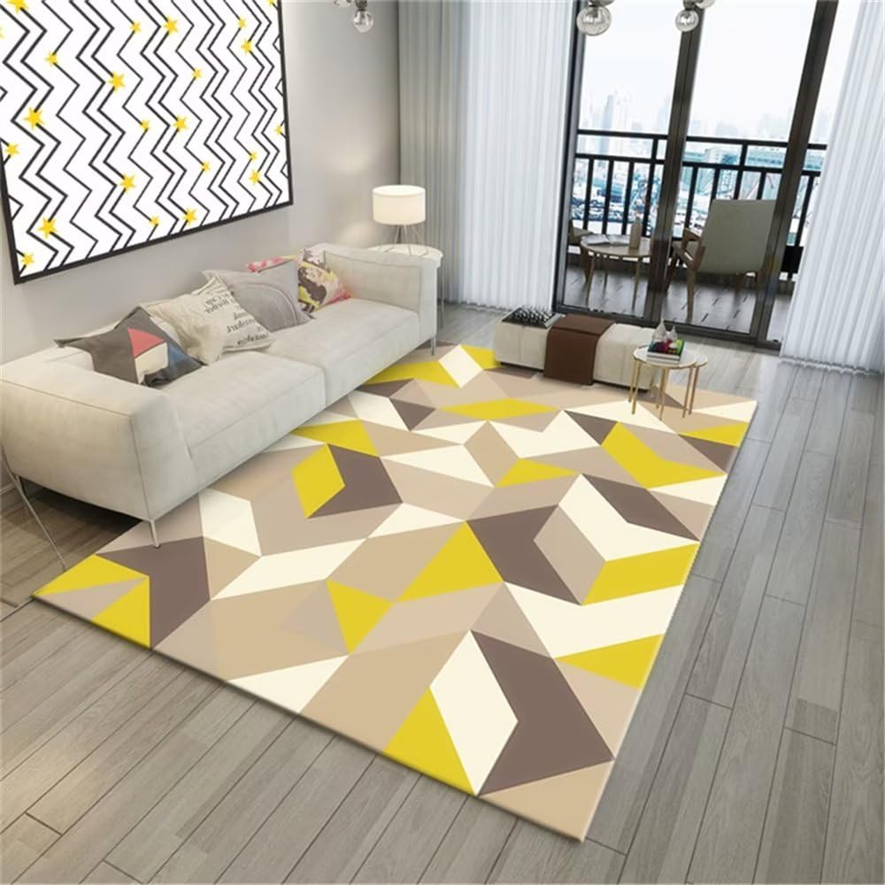 Grand tapis géométrique jaune 120x180 cm pour salon et descente de lit