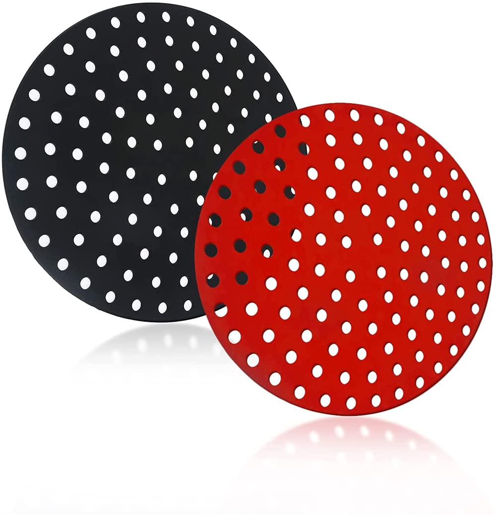 Silicone Air Fryer Liners, ELECDON 2 Pack 8 Inch Round Reusable Non-Stick Silicone Air Fryer Basket Mats, Air Fryer Accessories, BPA Free (Black, Red)