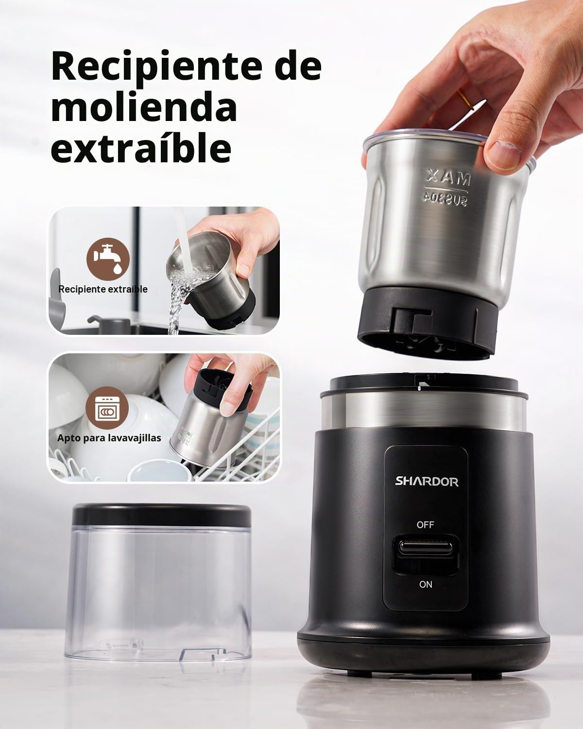 SHARDOR One Touch - Molinillo de café eléctrico, especias, hierbas, para granos de café, especias y semillas con 1 cuenco extraíble de acero inoxidable, molinillo seco, negro mate