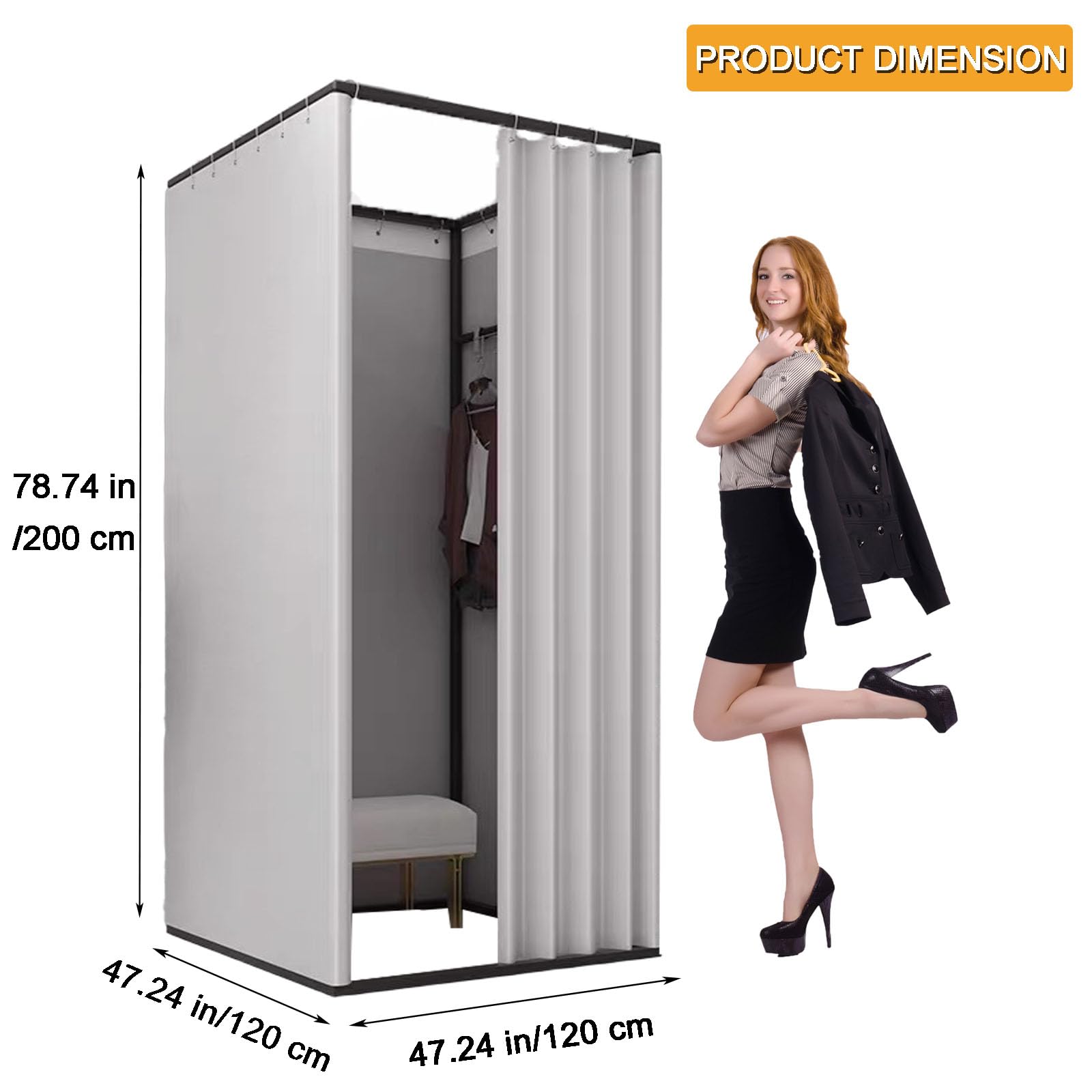 TEENKON Umkleidekabine Freistehend, Bodenstehende Tragbarer Umkleideraum für Büro Einkaufszentrum Bekleidungsgeschäft Fotostudios Boutiquen, Einfach Beweglicher Anproberaum (Grau, 120x120x200 cm)