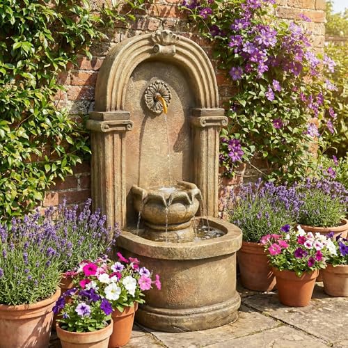Fuente de jardín, fuente, fuente decorativa, fuente de pie, estilo antiguo, 230V cascada juego de agua para jardín, estanque de jardín, terraza, balcón, grifo, cuenca, de pie, diseño de arco, marrón