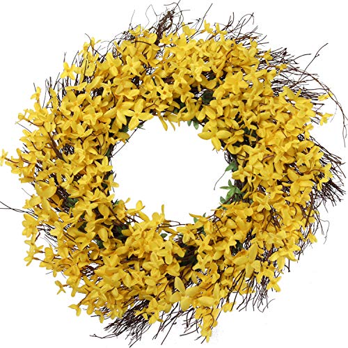 Vibrant 22 Inch Artificial Forsythia Wreath - Lifelike Yellow and Green Hues with Flowers and Leaves