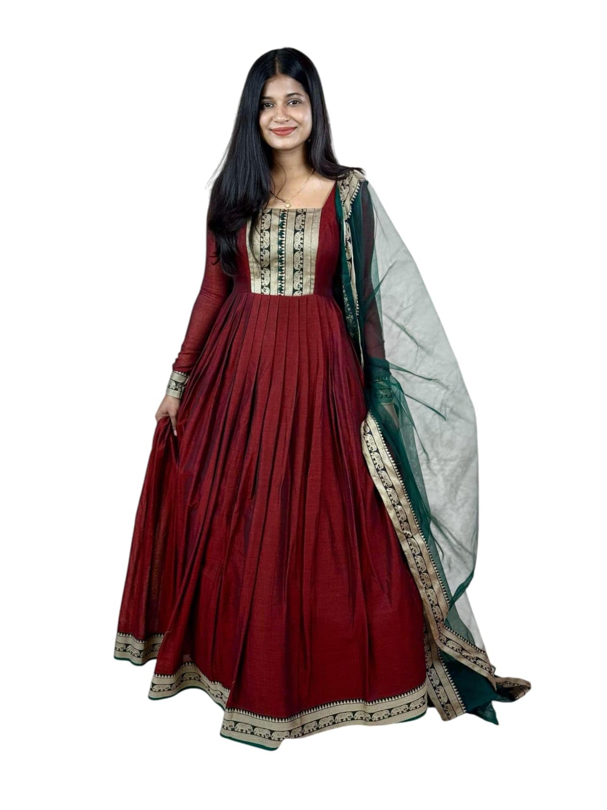 queens world Women's Vichitra Silk Jacquard Gown with Zari Border, Soft Net Dupatta with Lace Border-picture-11