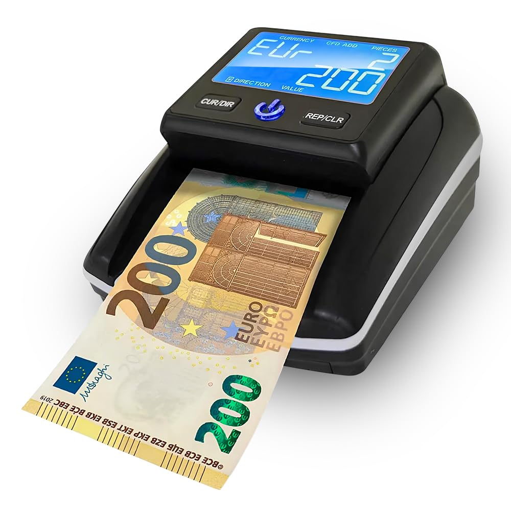 Rilevatore e Conta Banconote Portatile Senza Fili – Verifica Banconote False con 7 Controlli, Display LCD, Aggiornabile via USB, Batteria Inclusa, Testato al 100% per Euro