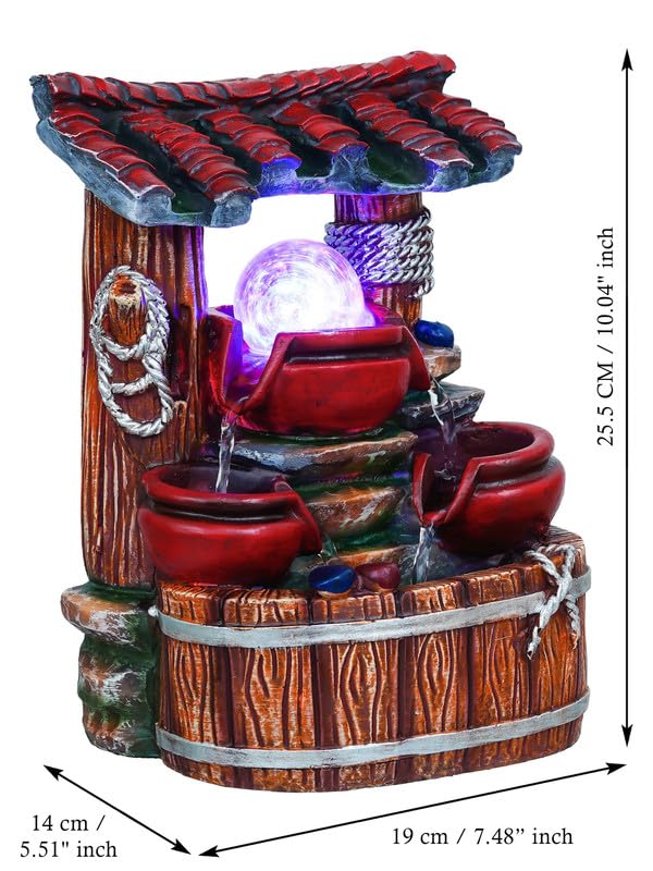 Image of Polyresin Tabletop 3 Steps Indoor Water Fountain for Home Decor with LED Light, Speed Controller Pump & Crystal Ball (Size: 13 x 19 x 26CM |Color: Multi | Weight: 1245 Gram)
