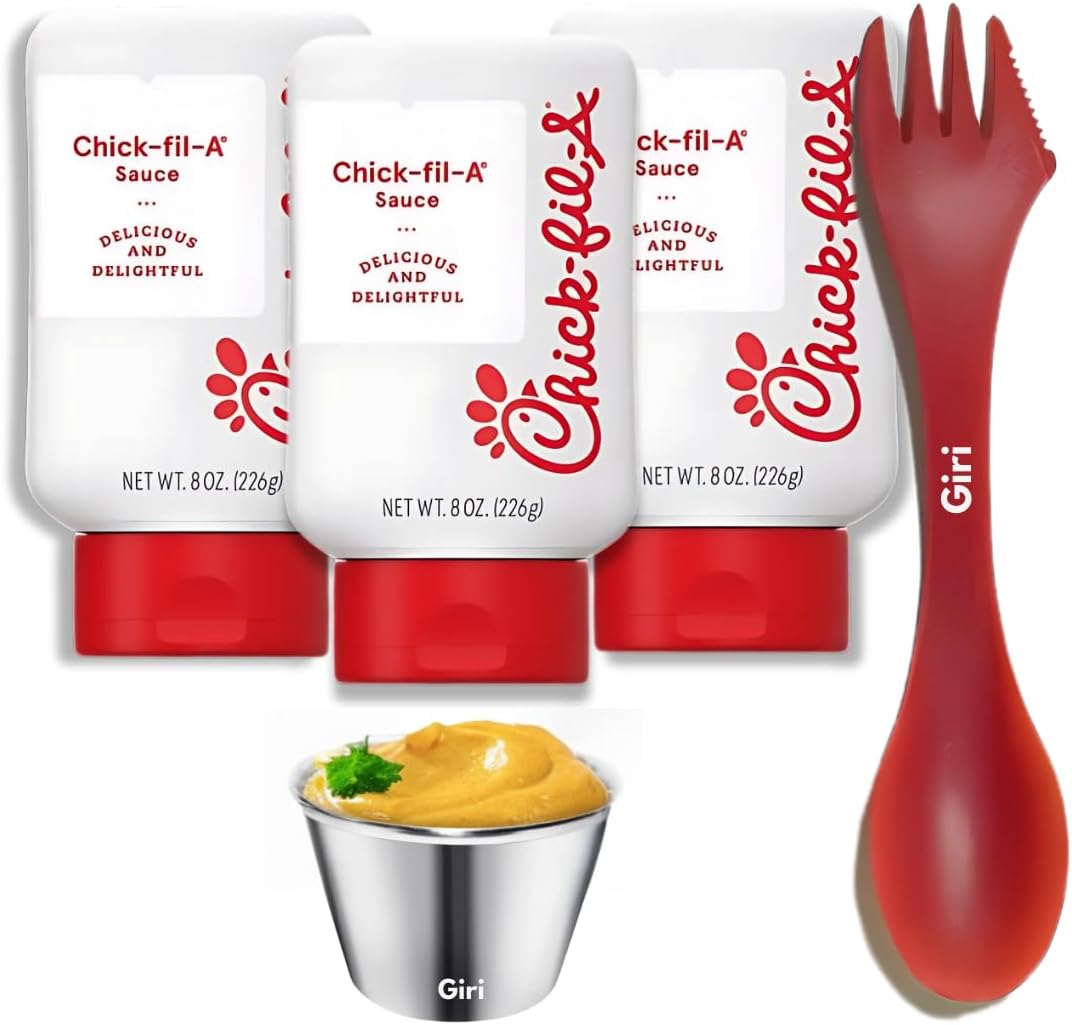 chikfila Orginal Sauce 8 oz. (3-pack) Squeeze Bottle Resealable Container Bundle with Giri™ Plastic Spork and Stainless Steel Condiment Sauce Cup (3 Items)