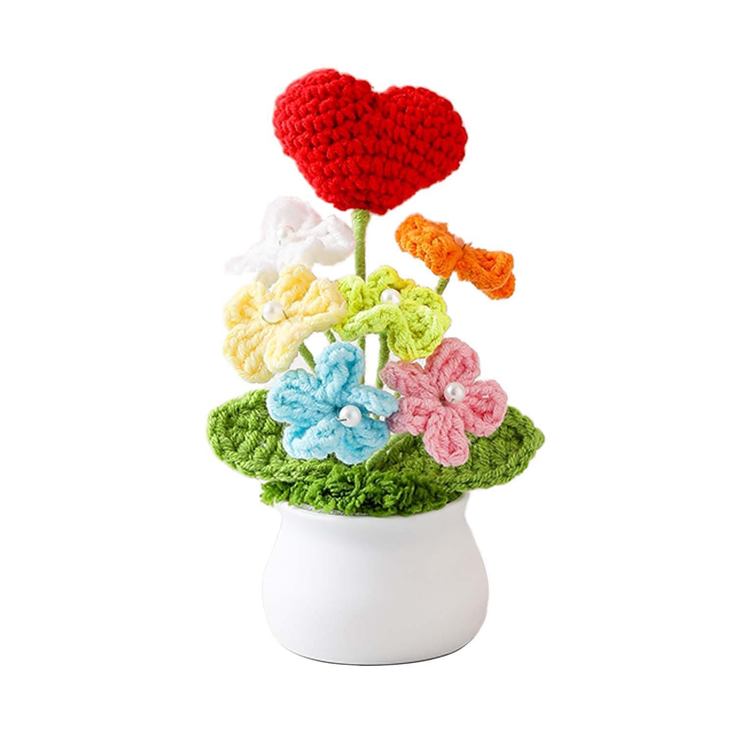 BlyncKnitting Crochet Flowers Potted Plants, Fake Forget Me Not Flowers and Knitted Heart for Friends, Family and Lover, Artificial Handmade Flowers for Birthday Wedding and Home Decor (Red)
