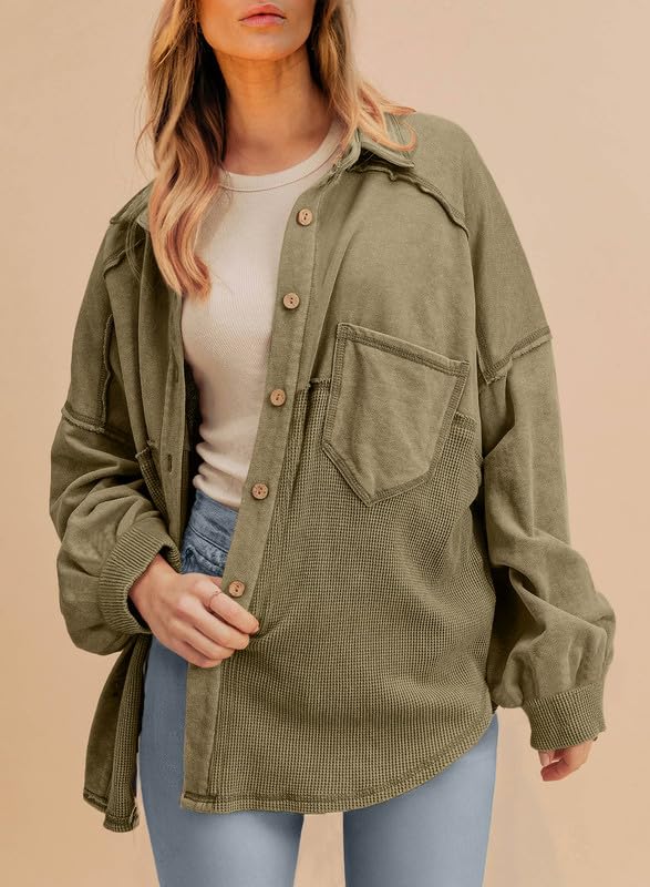 SHEWIN Womens Waffle Knit Shackets Fall Fashion Button Down Shirt Jacket Loose Long Sleeve Tops With Pocket3