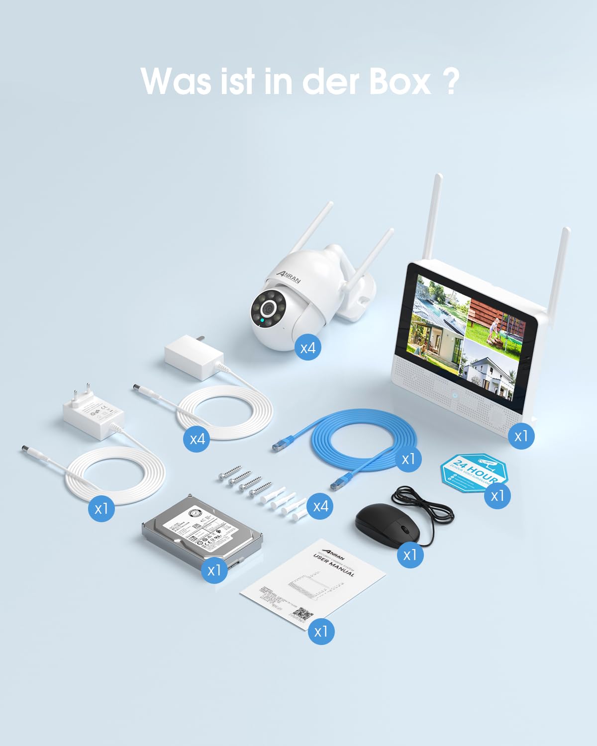 ANRAN 3K Überwachungskamera Aussen Set WLAN,8CH NVR mit 10,5" Monitor & 4X 5MP PTZ Aussenkameras,Auto-Tracking,KI-Erkennung (Person/Fahrzeug/Tier/Packeterkennung),24/7 Aufzeichnung,Ohne ABO