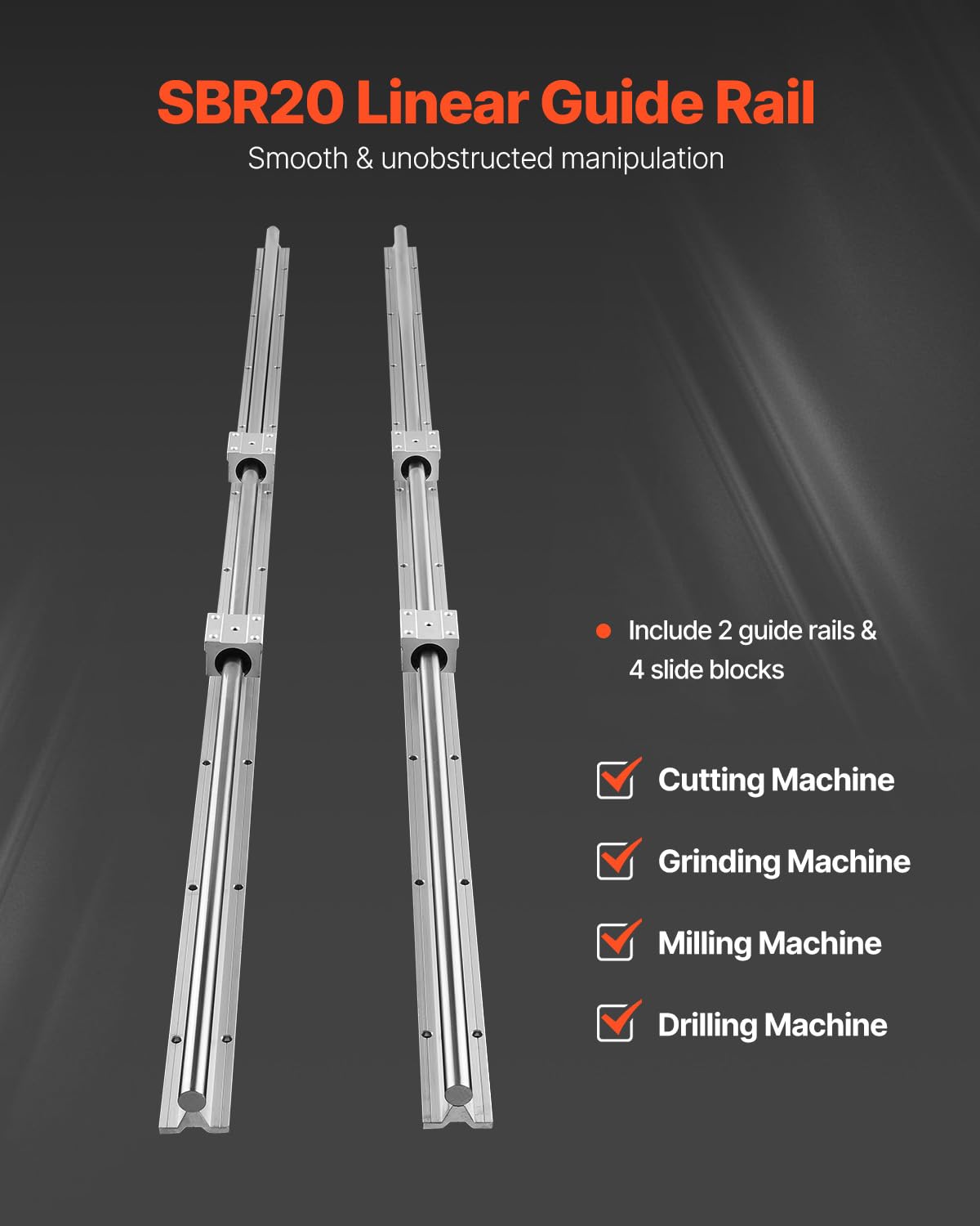 VEVOR Linear Rail, 2PCS SBR20-1500mm, Linear Slide Rail, 4 PCS SBR20UU Bearing Block CNC Kit Linear Rails and Bearings Kit CNC Rails Linear Rail Set, for Automated Machines and Equipment — Amazon image 2