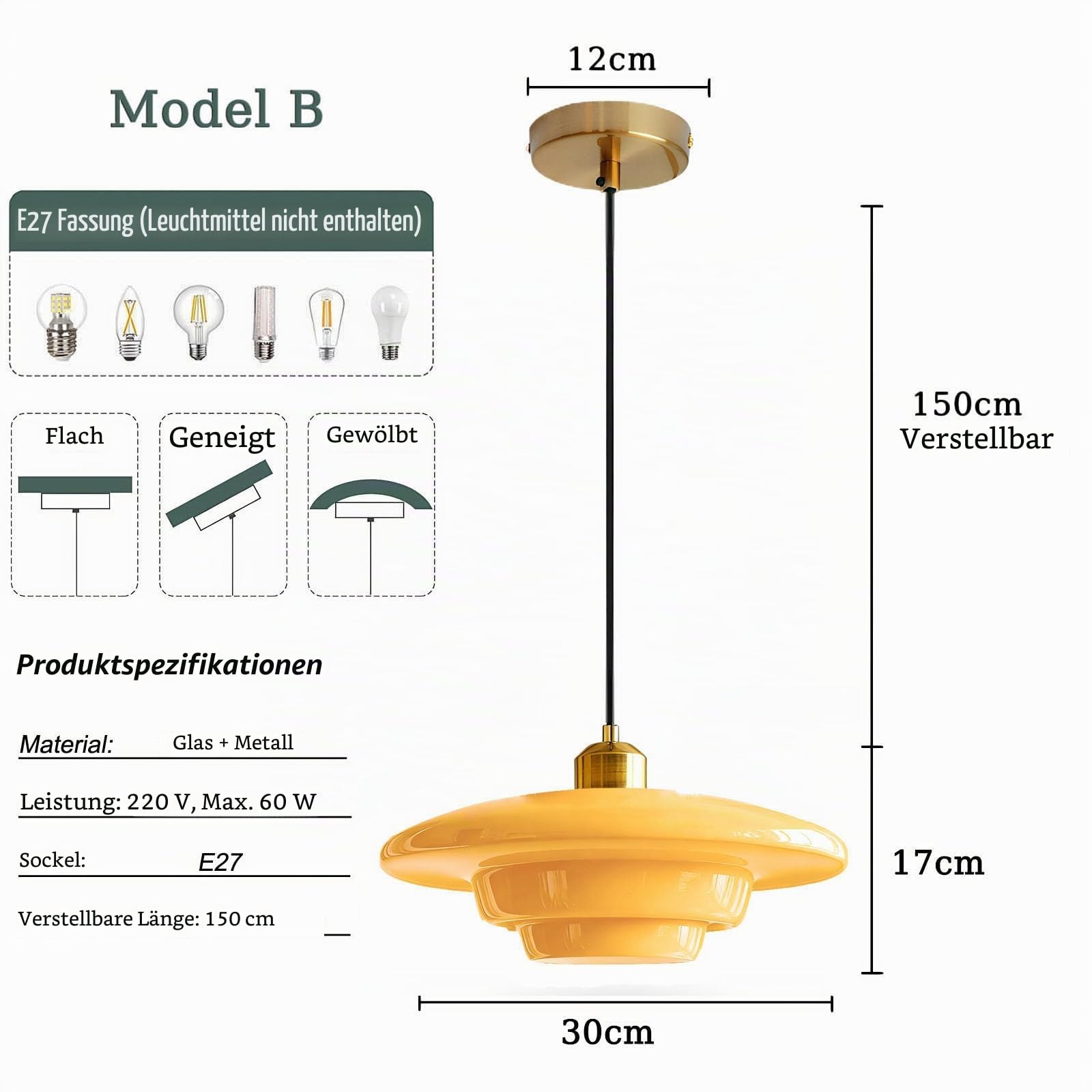 Pendelleuchte Esstisch Vintage, Höhenverstellbar Hängeleuchte aus Glas & Antik-Gold E27-Fassung, Große Hängelampe für Esszimmer Küche Schlafzimmer Wohnzimmer (Gelb, 30cm)