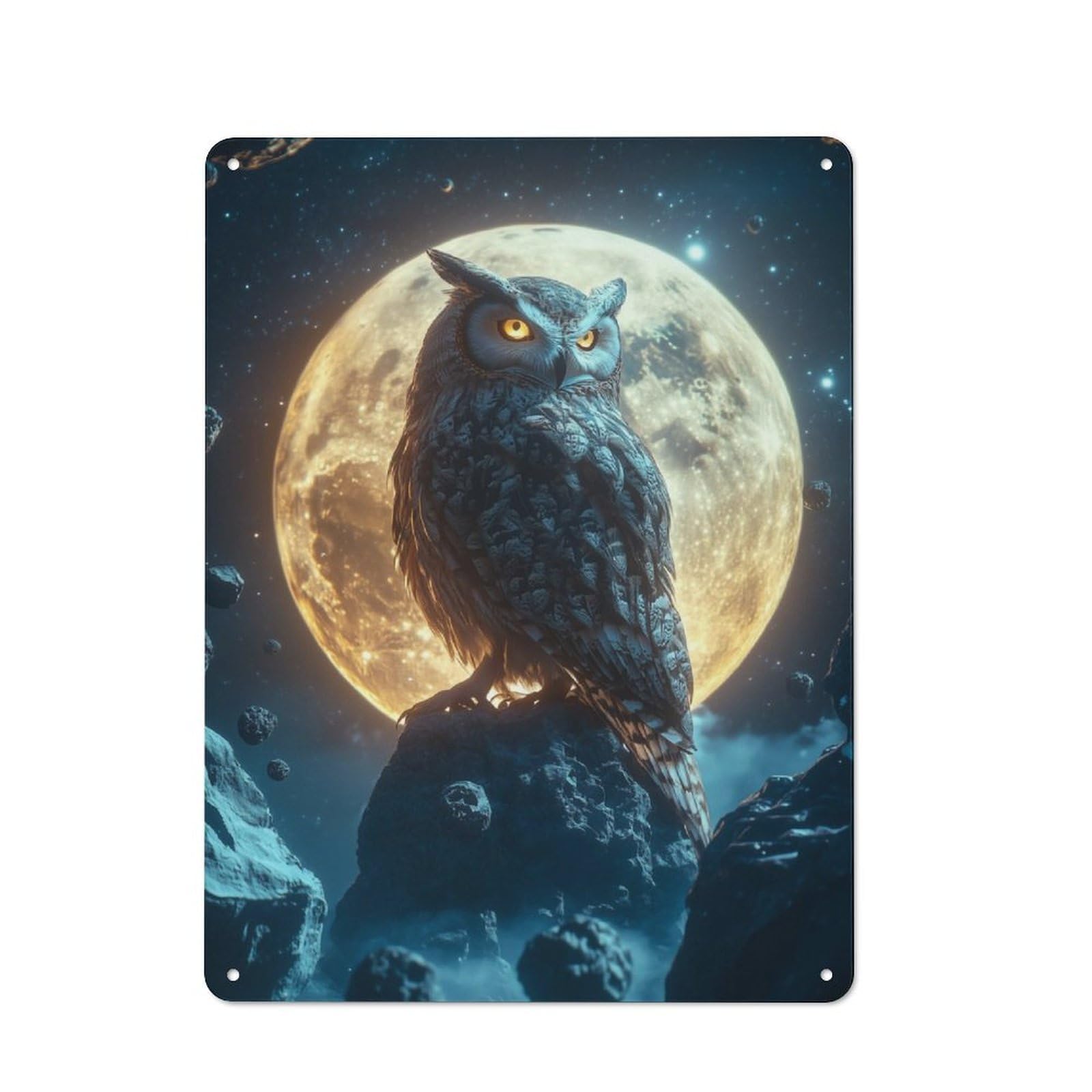 Junmoney Owl On A Moonlit Rock Retro-Style Tin Sign 40X30cm For Living Room Or Hallway, For Home Wall Decor Collectors Refreshing A Room In Autumn