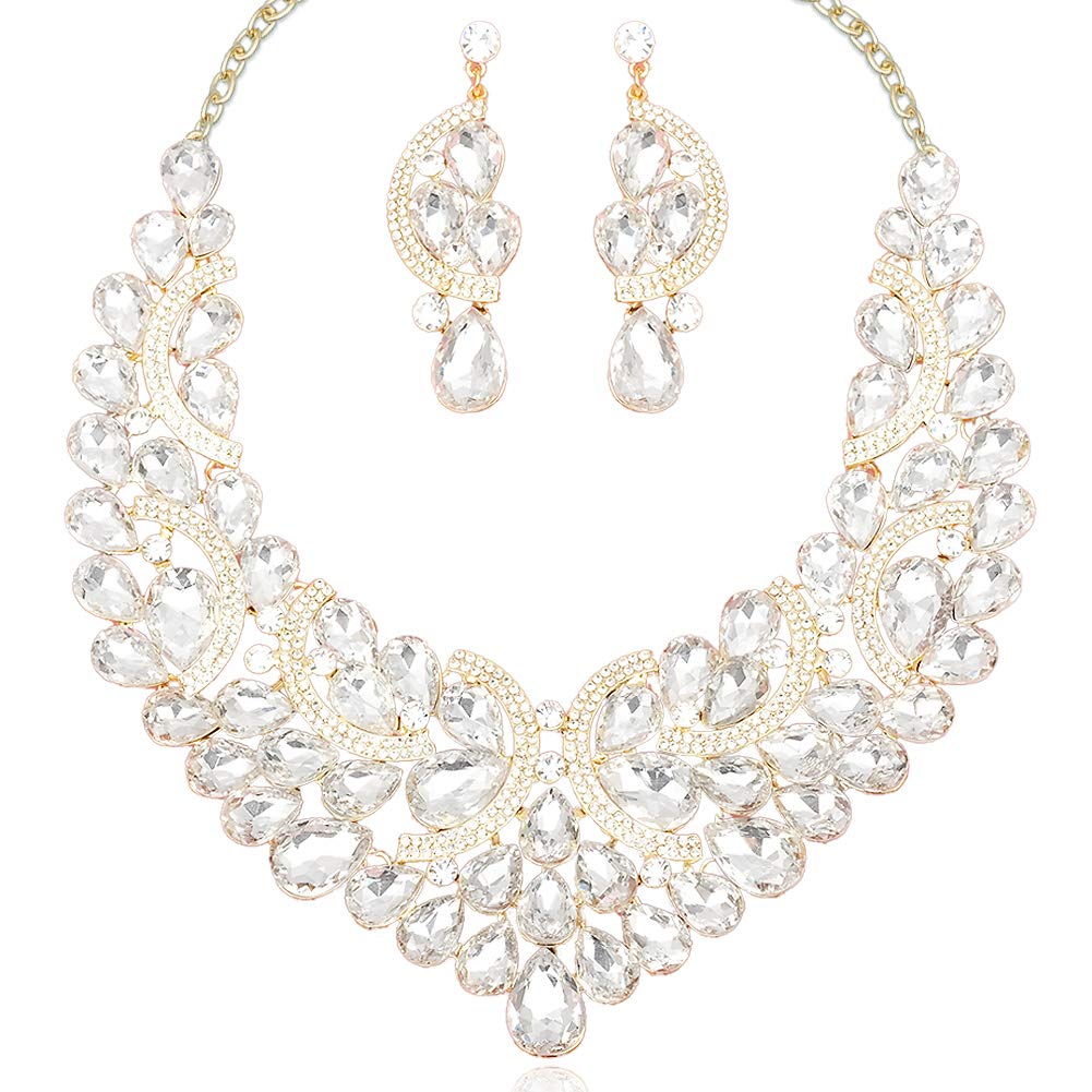 CSY Gorgeous Crystal Statement Bib Necklace and Earrings Bridal Wedding Costume Jewelry Sets for Brides Bridesmaids Women Ladies