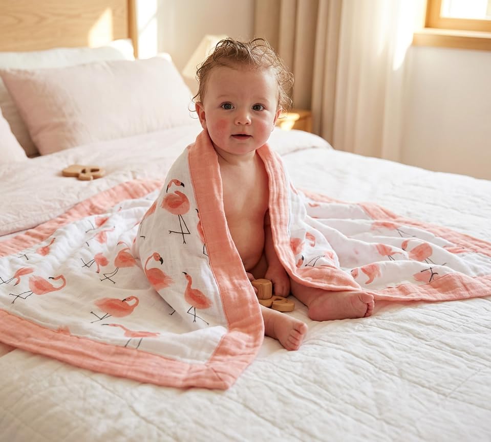 Image of Little Jump Flamingo Baby Blanket - Silky Soft and Breathable Muslin Blankets Baby Girl Quilts- Large 47 inch x 47 inch - 2 Layers Toddler Bed Blanket (Flamingo)