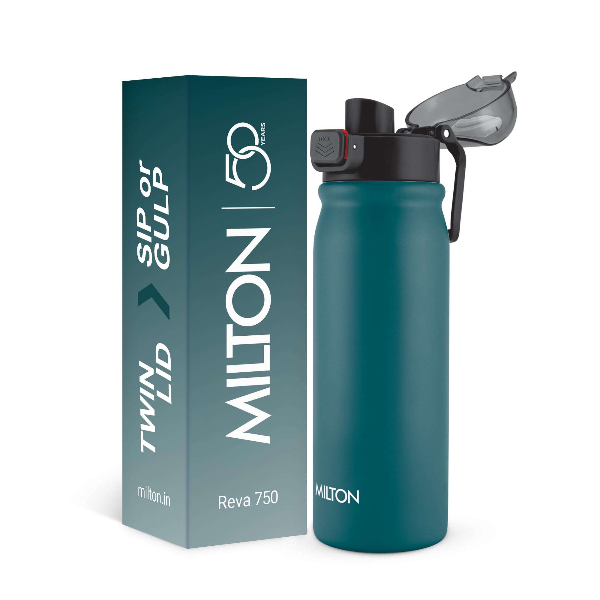 MILTON Reva 750 ISI Certified Stainless Steel Water Bottle with Twin Lid Sip or Gulp, 750ml | Single Wall, BPA-Free, Leakproof | Sturdy Handle | Ideal for Home, Office, Gym & Travel, Teal Blue