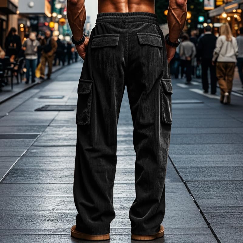 ZOCANIA Men's Corduroy Cargo Pants Drawstring Waist Sweatpants Multi Pockets Straight Leg Fall Casual Trousers4