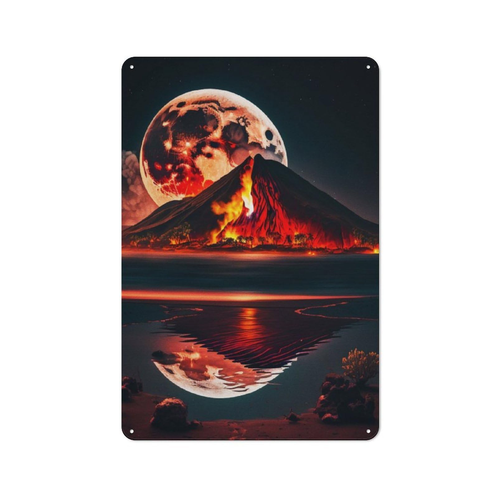 Junmoney Volcano Red Moon At Night Tin Wall Plaque 30X20cm With For Pub Or Café, For Collectors Of Retro Metal Wall Decor
