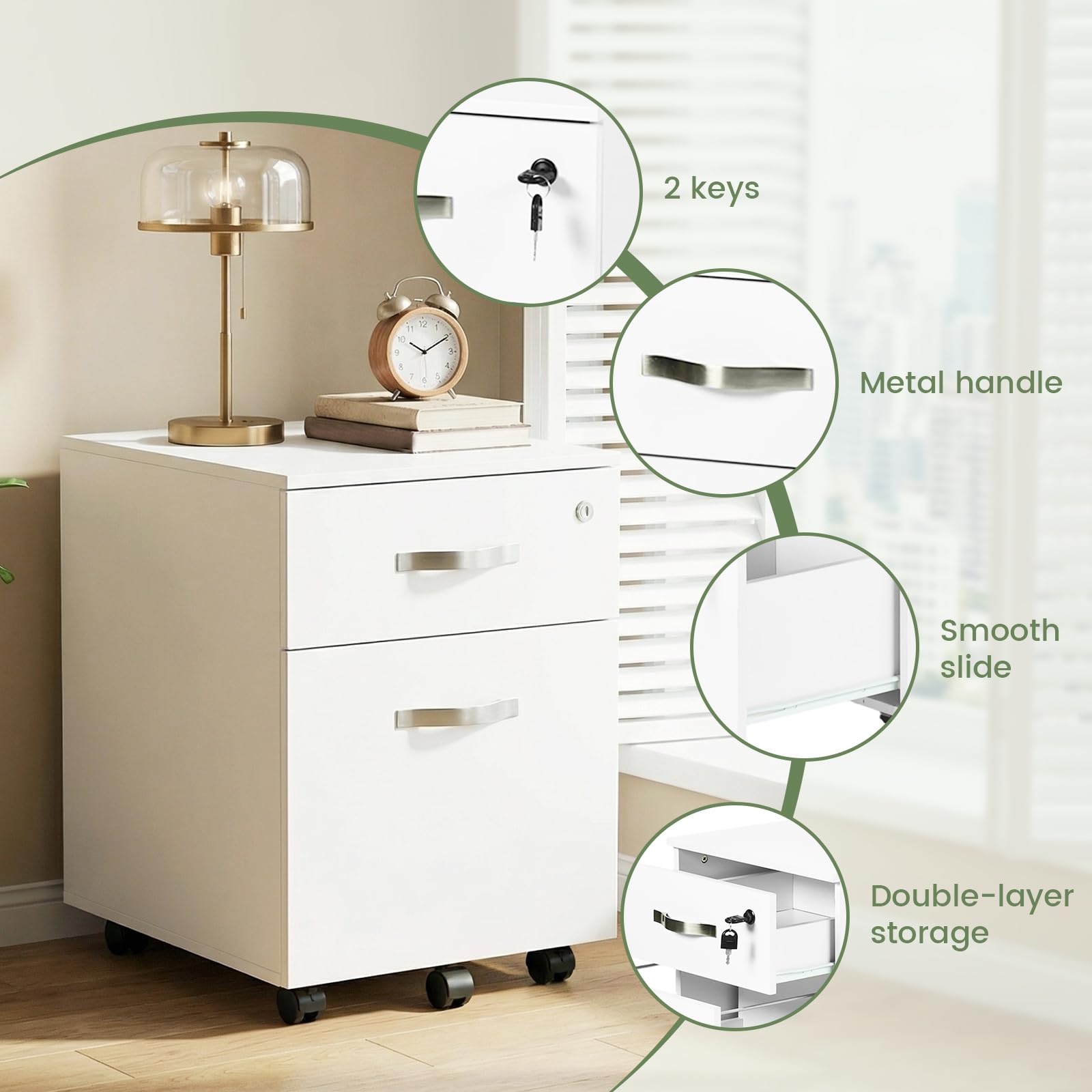 Cassettiera Scrivania con 2 Cassetti e 5 Ruote per Ufficio Camera da Letto
