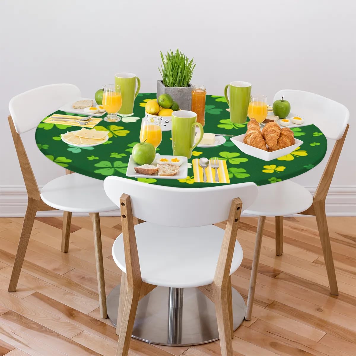 Round Tablecloth St. Patrick's Day Cute Lucky Shamrock 40"-44" Fitted Elastic Table Cloth for Round Tables Waterproof Wipeable Table Covers Protector for Kitchen Dining Party,JR12-09