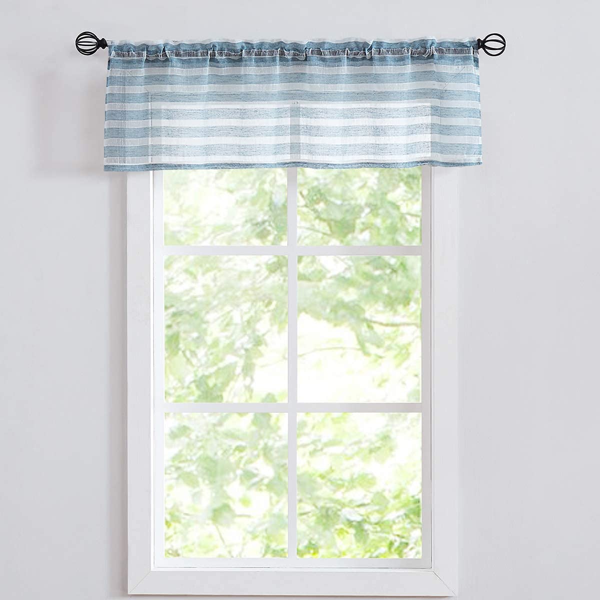 Fragrantex Blue Striped Valance Curtains 15 inches for Kitchen Windows/Bathroom/Dining Room Linen Textured Semi Sheer Farmhouse Cafe Window Toppers Small Curtain Rod Pocket,56" Wx15 L,1 Panel