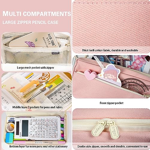 Image of Large Pencil Case with 4 Compartments, Big Capacity Pencil Bag Canvas Pencil Pouch with Zipper, Pencil Pouch Aesthetic, Pencil Pen Case Bag for Office College School Teen Boys Girls Students (Pink)