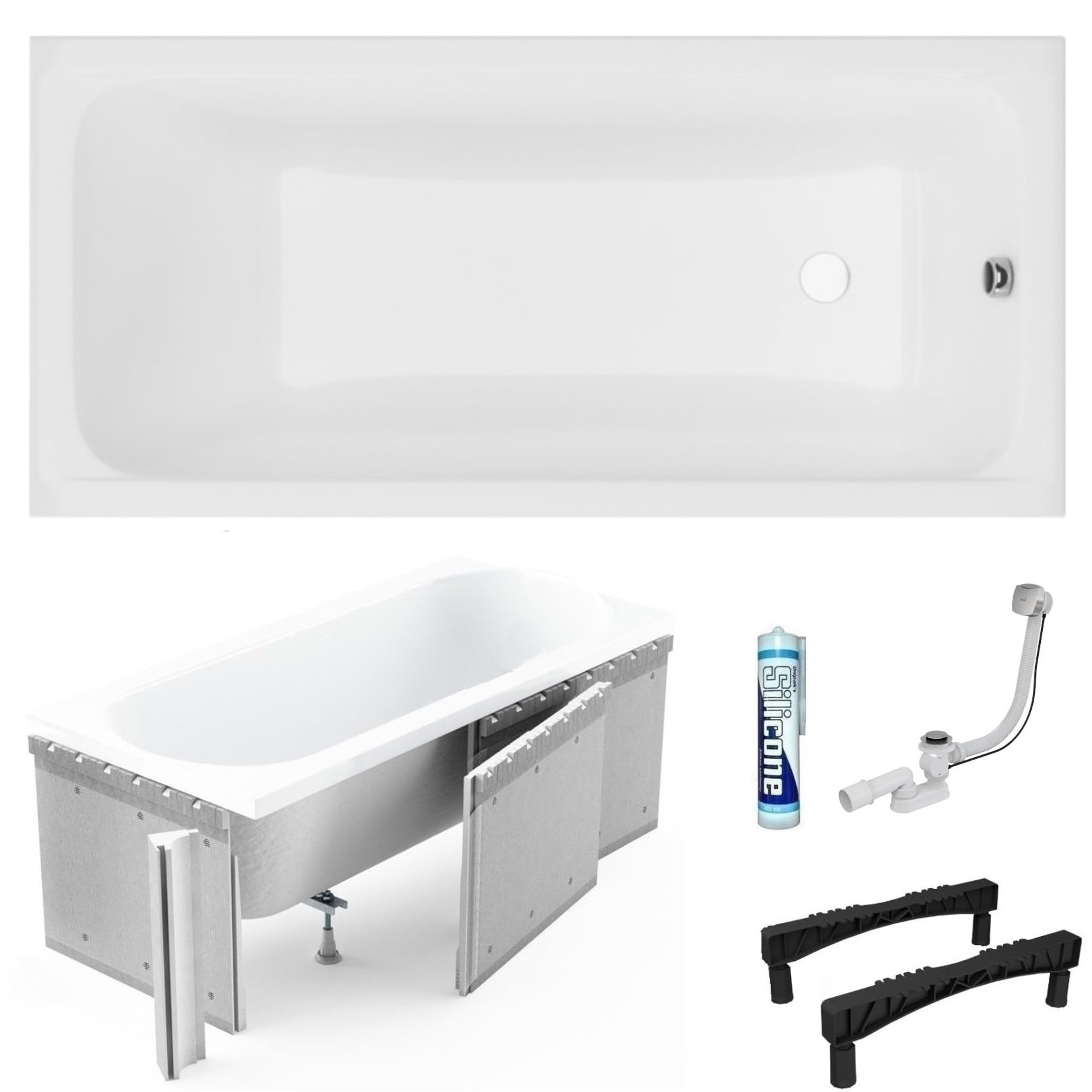 Wanna ECOLAM Basic 170x75 cm + wyściółka styropianowa do układania płytek | Nowoczesna wanna prostokątna, najwyższej jakości wanna akrylowa | Kompletny zestaw z odpływem, nóżkami i silikonową obudową