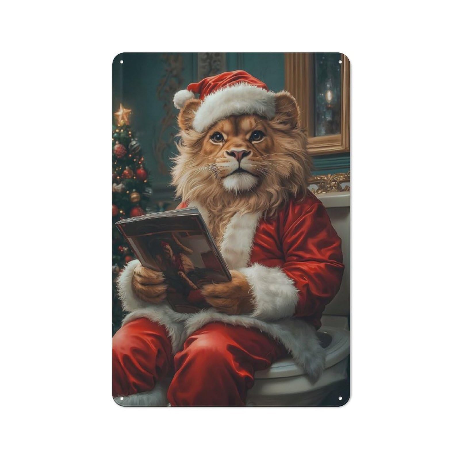 Junmoney Lion Santa Reading 30X20cm Rustic Metal Plaque With For Café Or Restaurant, For Themed Interiors In Cafés And Restaurants