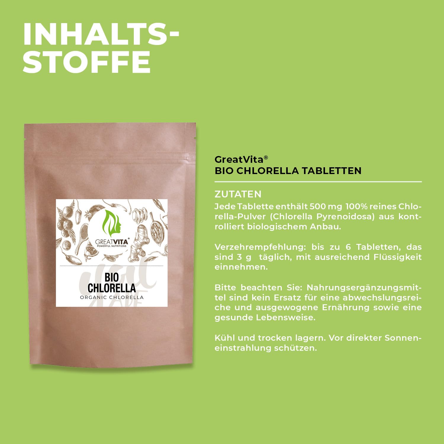 GreatVita Chlorella Bio Lot de 1 600 comprimés de chlorelle bio - 500 mg - 800 g - Sans additifs - Végétalien et durable - Riche en chlorophylle et caroténoïdes
