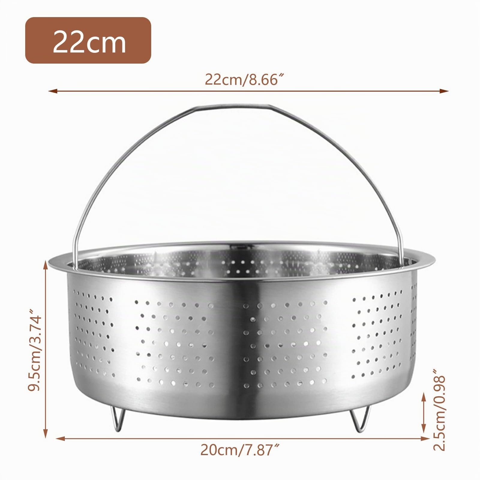 Cesta de Vapor de Acero Inoxidable Con Asa para Vaporera - Olla para Guisar Verduras, Frutas, Huevos (Redondo 22 cm)