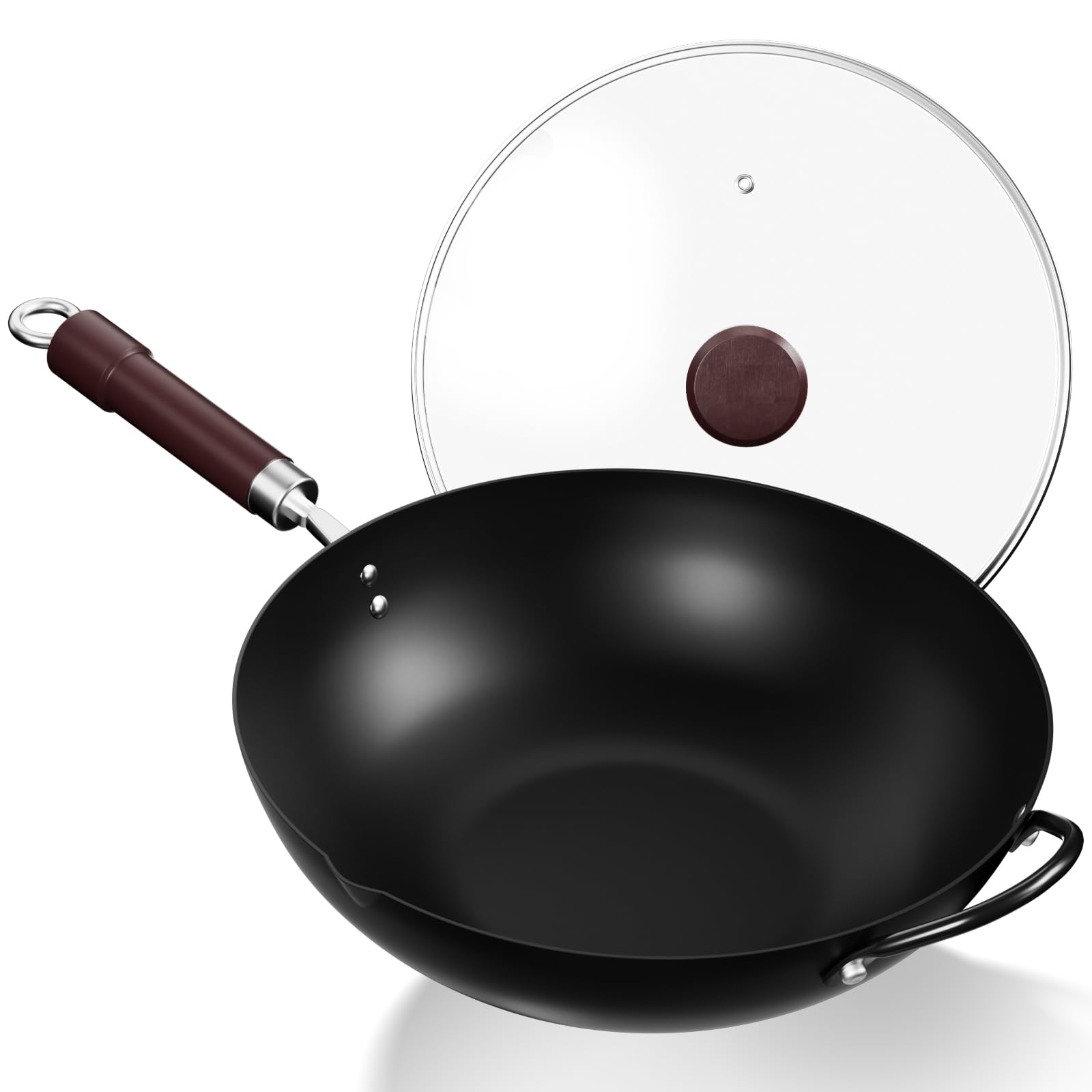 Jobin 32cm/12,6'' Wokpfanne aus Kohlenstoffstahl mit Deckel, Griff aus Holz und Stahl und zum Kochen von Asiatischen Gerichten für 3-5 Personen, Induktion, Elektro, Gas - FLACH