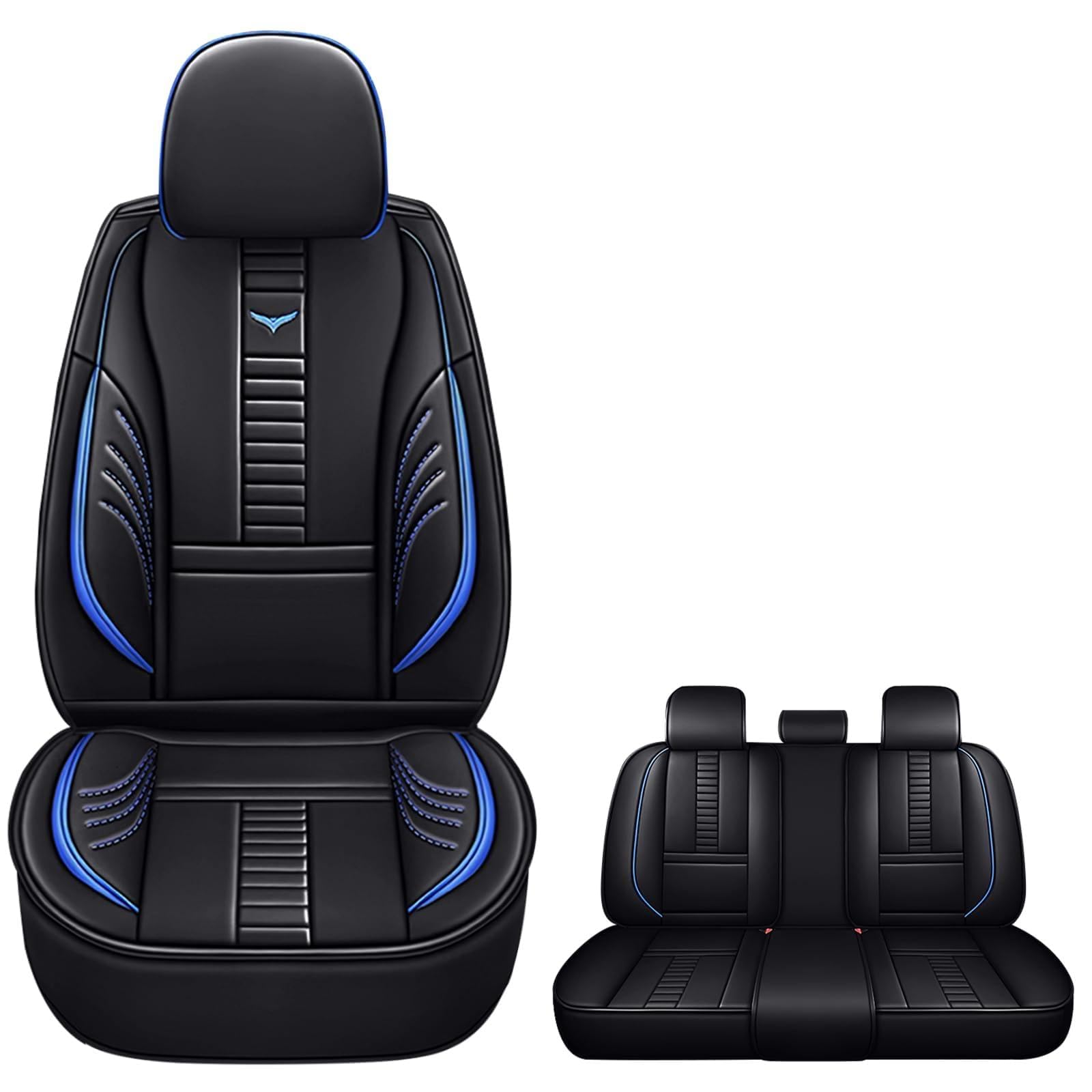 Waterproof 5 Car Seat Covers for Mitsubishi Outlander Sport 2011-2025, Premium Faux Leather Automotive Front and Back Seat Protectors Compatible with Airbag Black & Blue Line