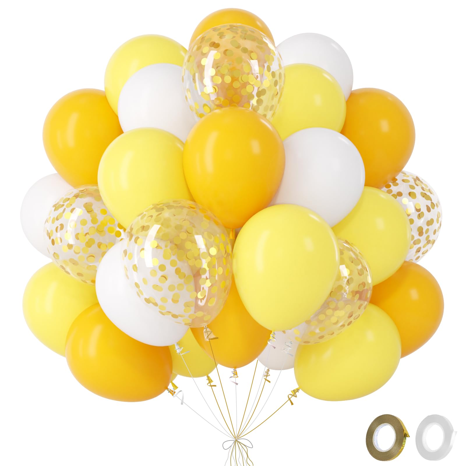 Lemon Yellow Balloons, 60Pcs Sunflower Bee White Balloons with Gold Confetti Ballon, Helium Latex Ballons for Yellow Birthday Decorations Baby Shower Gender Reveal Halloween Carnival Graduation,12Inch