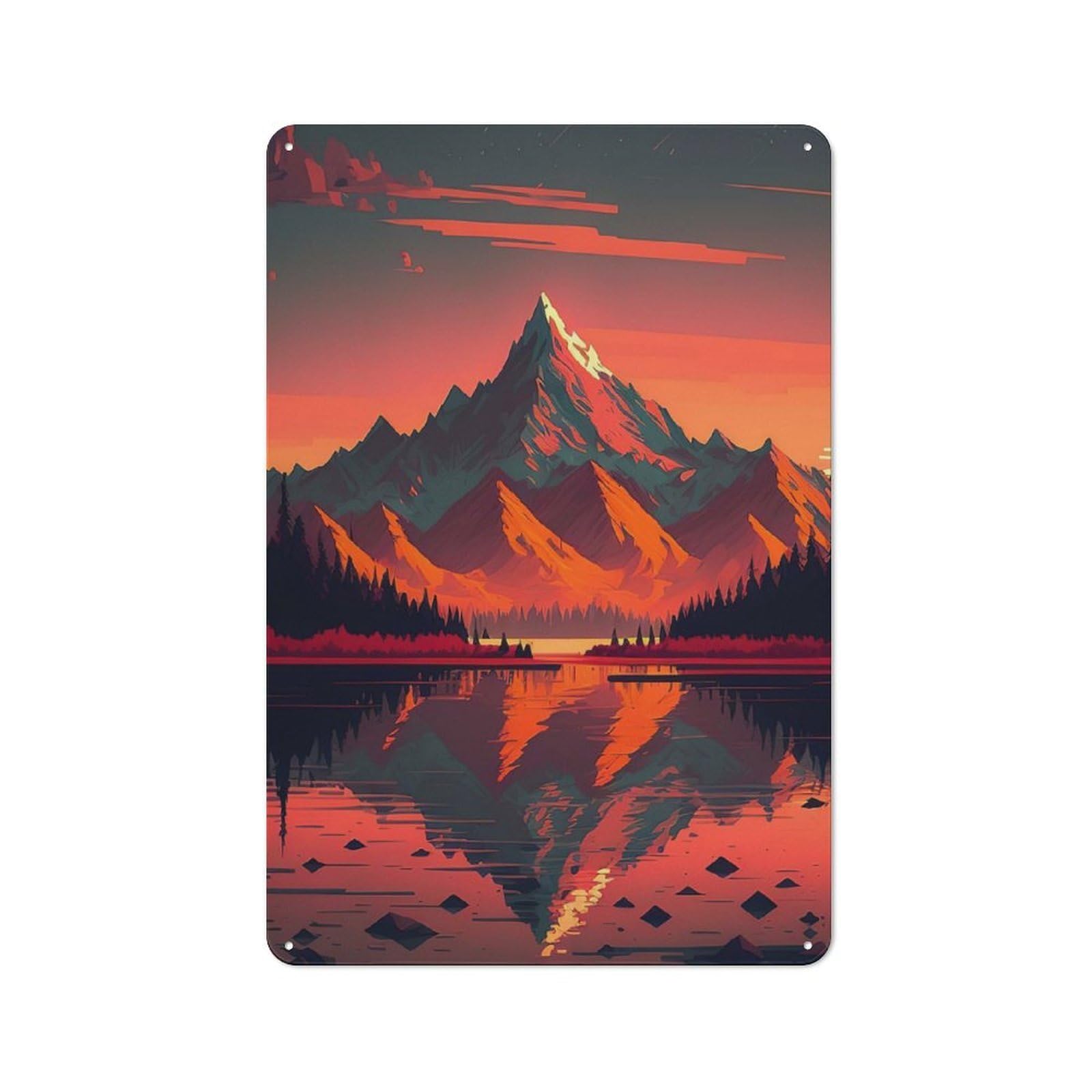 Tin Wall Plaque 30x20cm with Mountain Lake Landscape for Hallway Wall, with Clear Retro Wall Decor Character