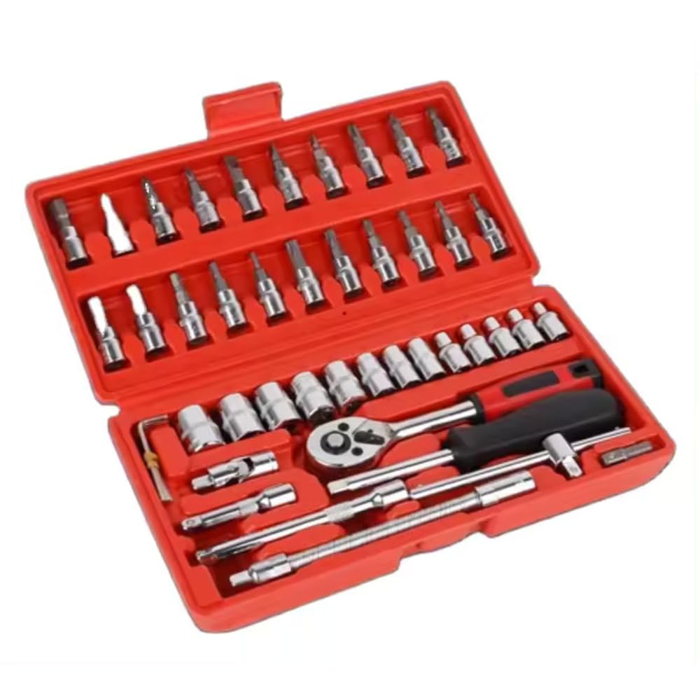 Auto Mechanics Tool Set 46 PCS - Socket Ratchet Torque Wrench Extension Bar Drill Bits Automobiles Repair - Socket Spanner Set With Box Car Repair Tool Kit