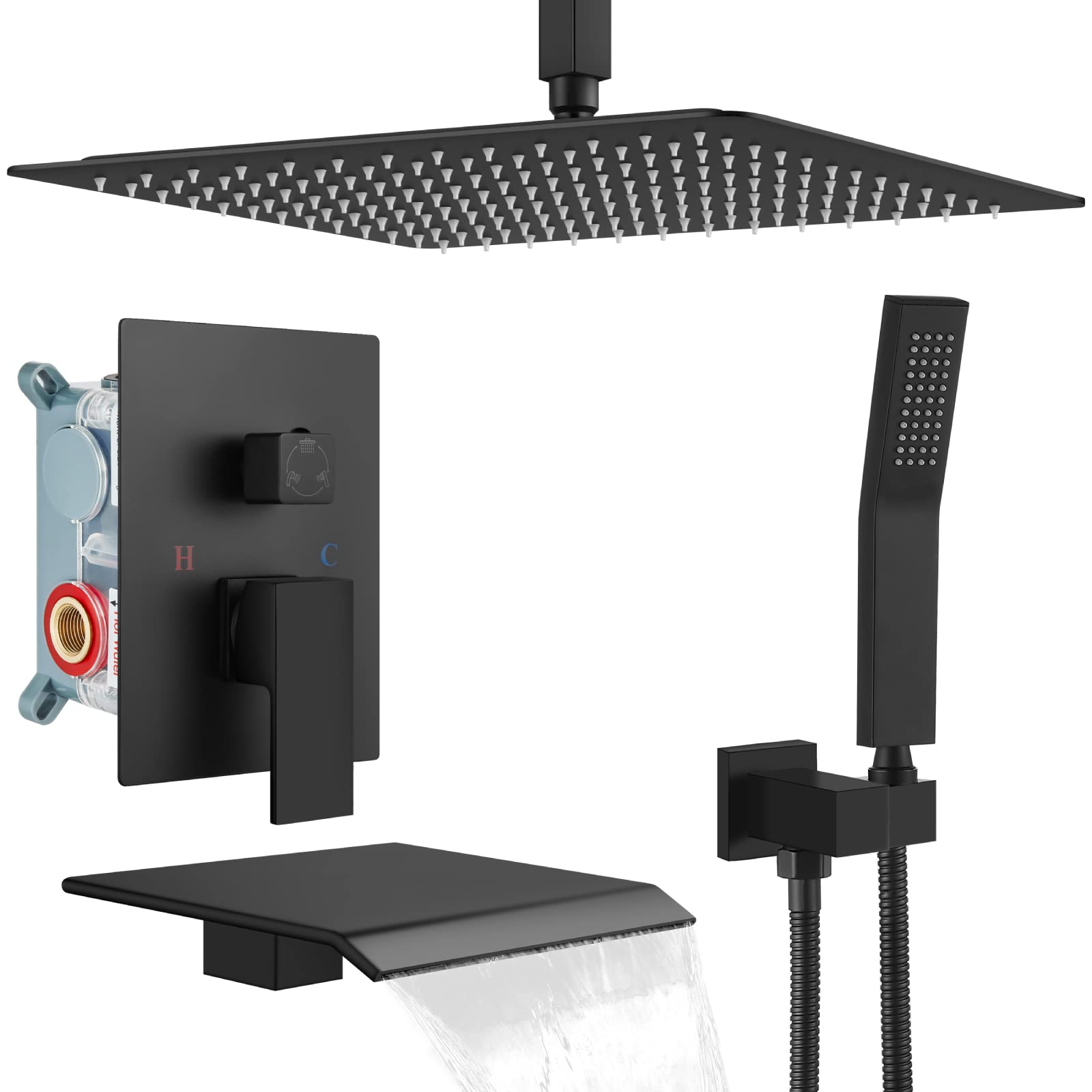 Gotonovo Duschsystem Mit Wannenauslauf – Wandmontage, 25,4 Cm Regenduschkopf, Handbrause, 3 Funktionen, Mattschwarz
