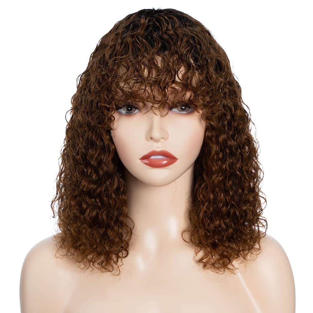Fashion Idol Short Curly Human-Hair with Bangs 12 Inch Jerry Curl Bob Wigs Brazilian Virgin Human Hair None Lace Front for Black Women Machine Made Black Ombre Brown Wigs - Image 2